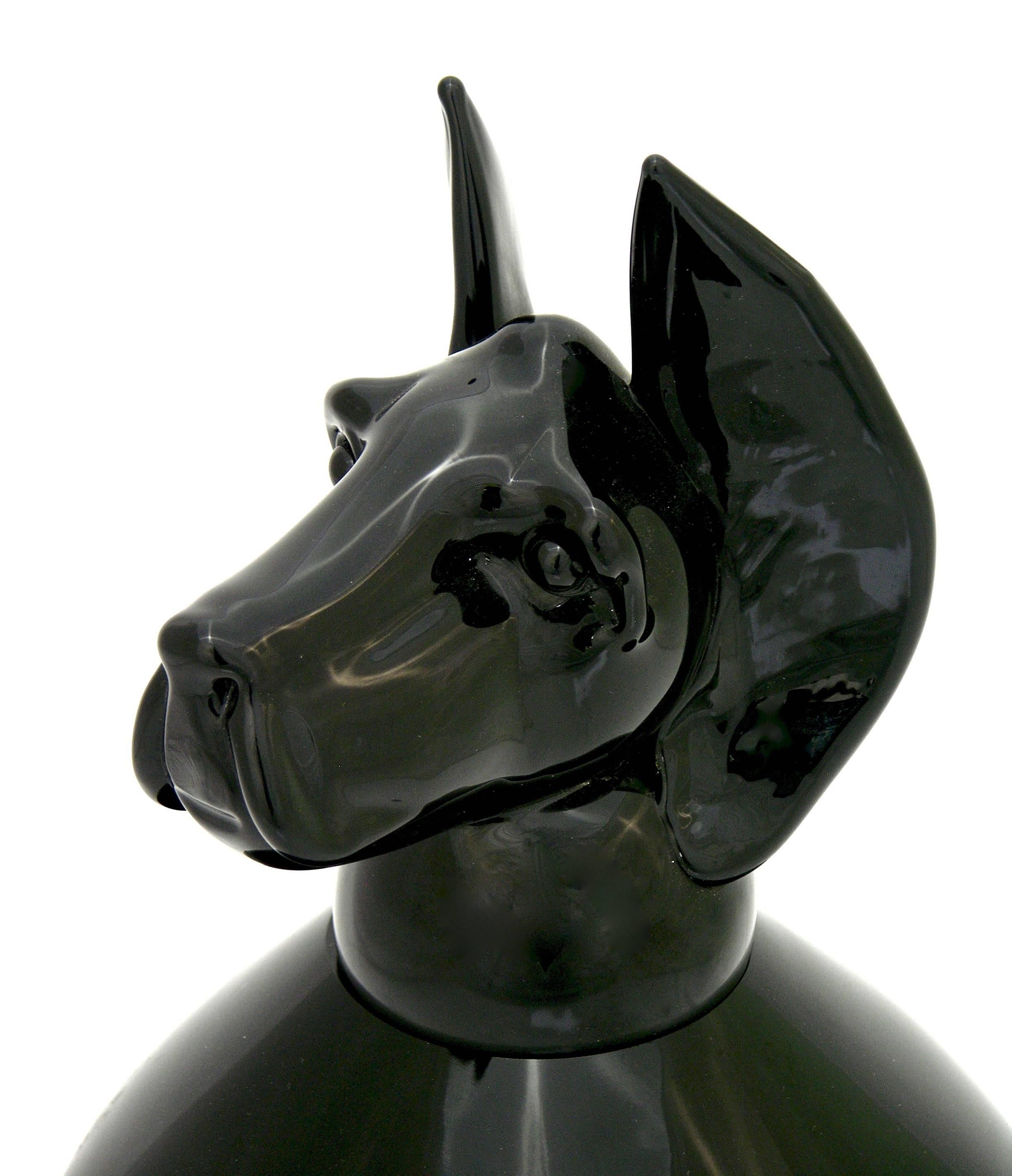 Blown Glass Formia 2001 Italian Black Murano Glass Bottle with Dog Head Stopper For Sale