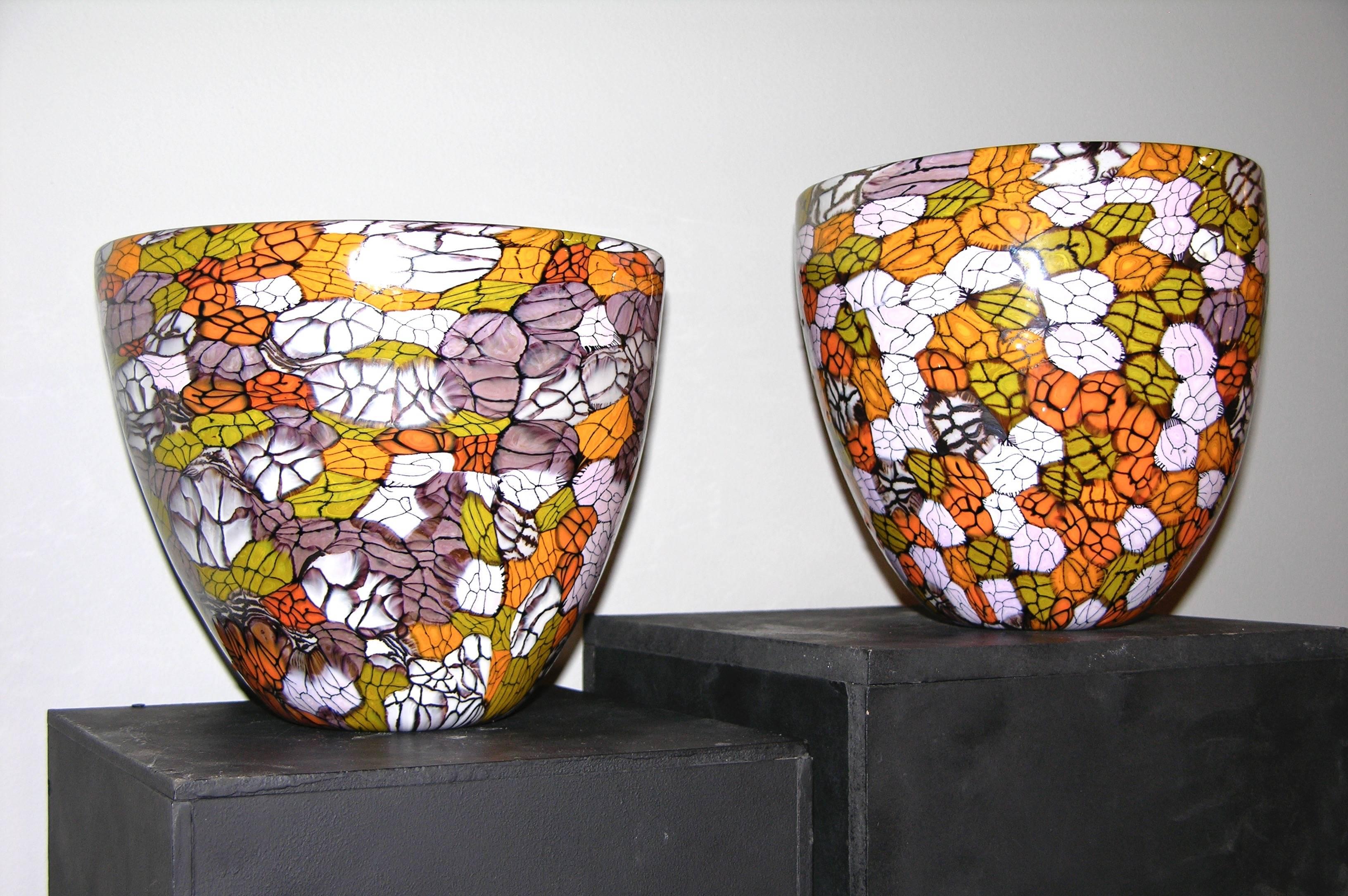 Blown Glass Fratelli Pagnin 1970s Vintage Pair of Yellow Orange Purple Murano Glass Bowls