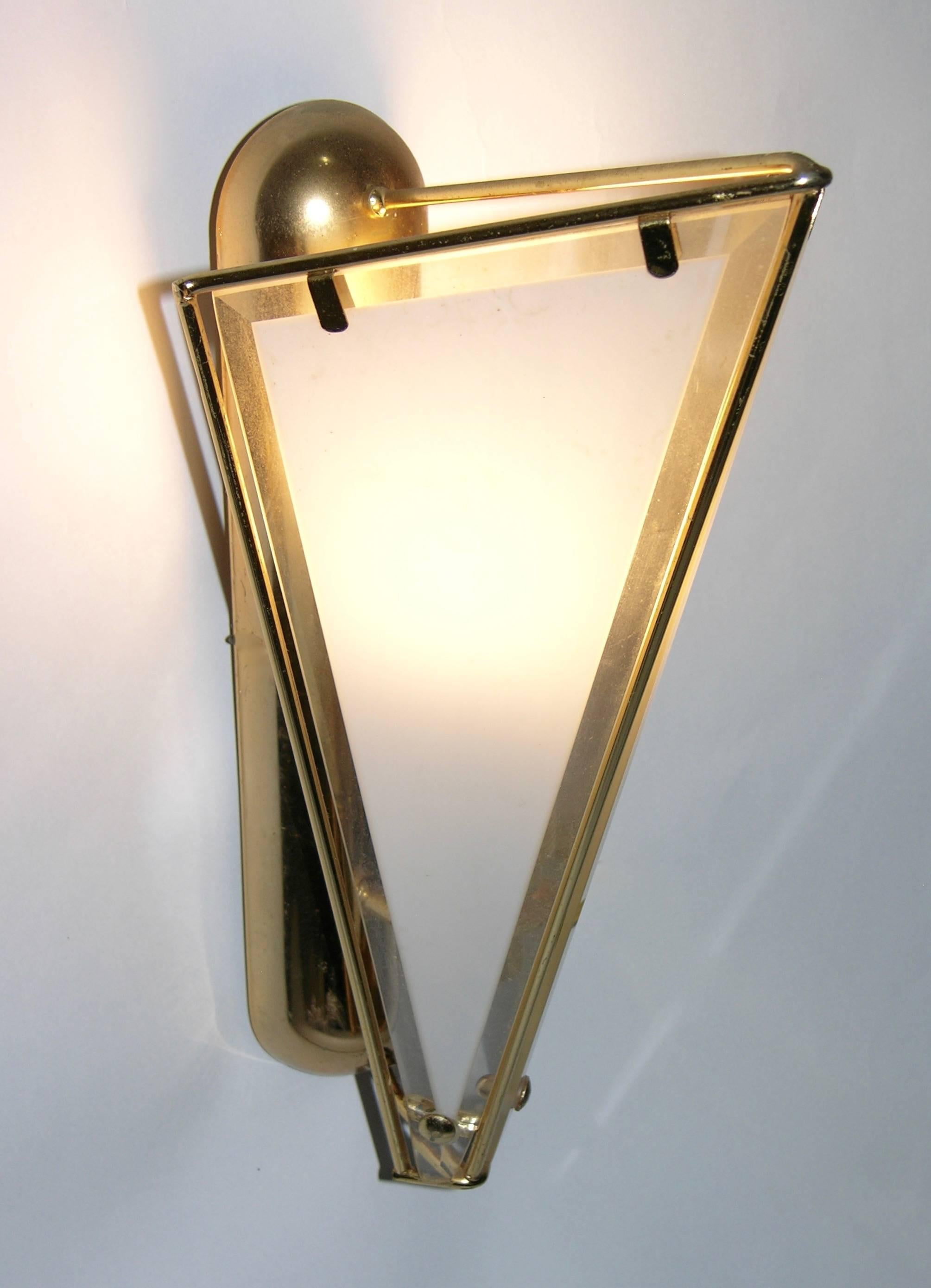 Late 20th Century 1980 Metalarte Pair of Brass and White Frosted Glass Triangular Wall Lights