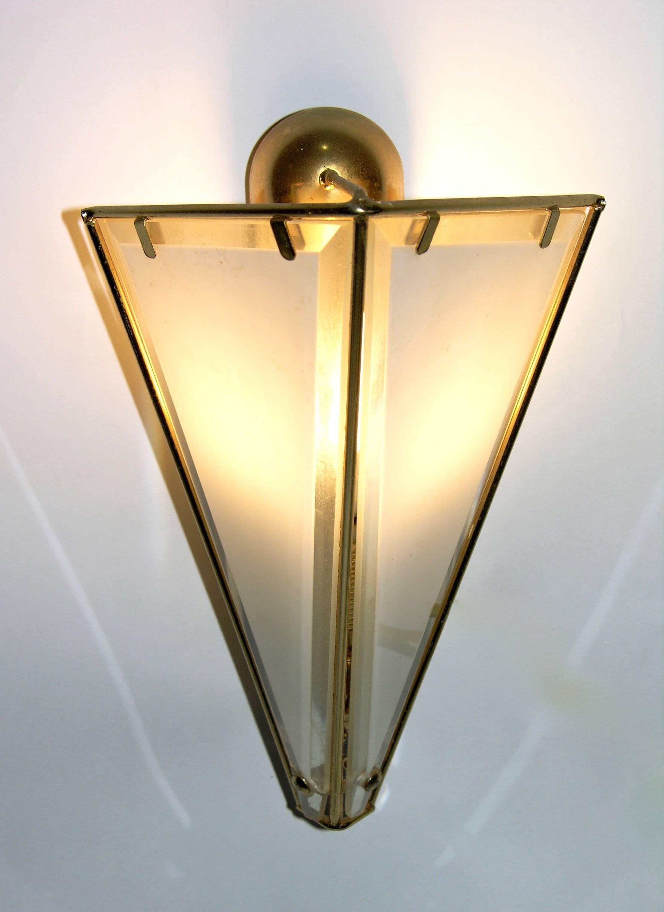 1980 Metalarte Pair of Brass and White Frosted Glass Triangular Wall Lights 1