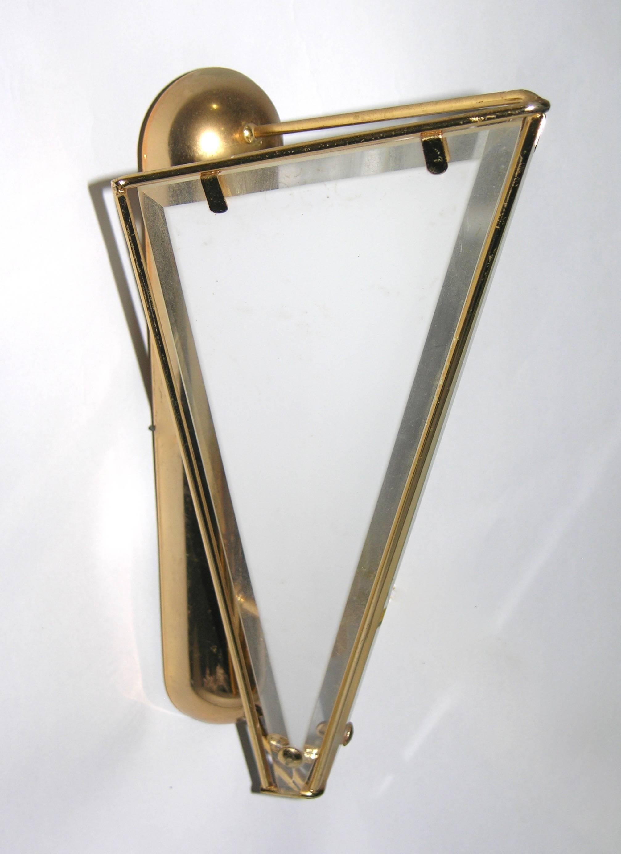 Organic Modern 1980 Metalarte Pair of Brass and White Frosted Glass Triangular Wall Lights