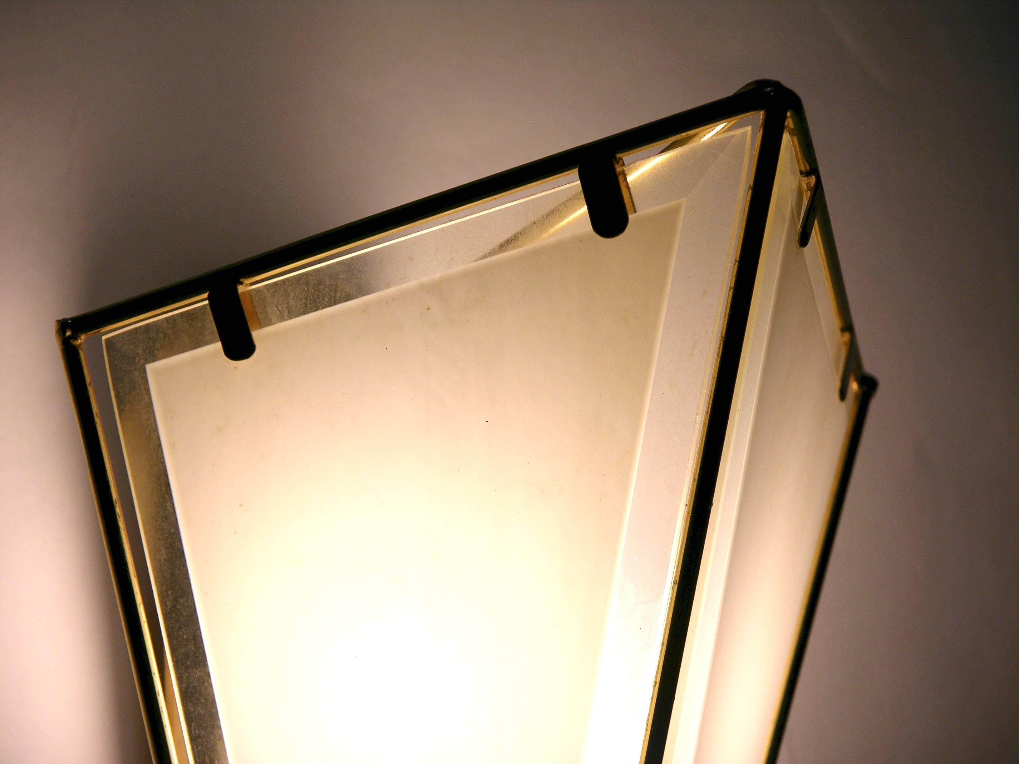 Italian 1980 Metalarte Pair of Brass and White Frosted Glass Triangular Wall Lights