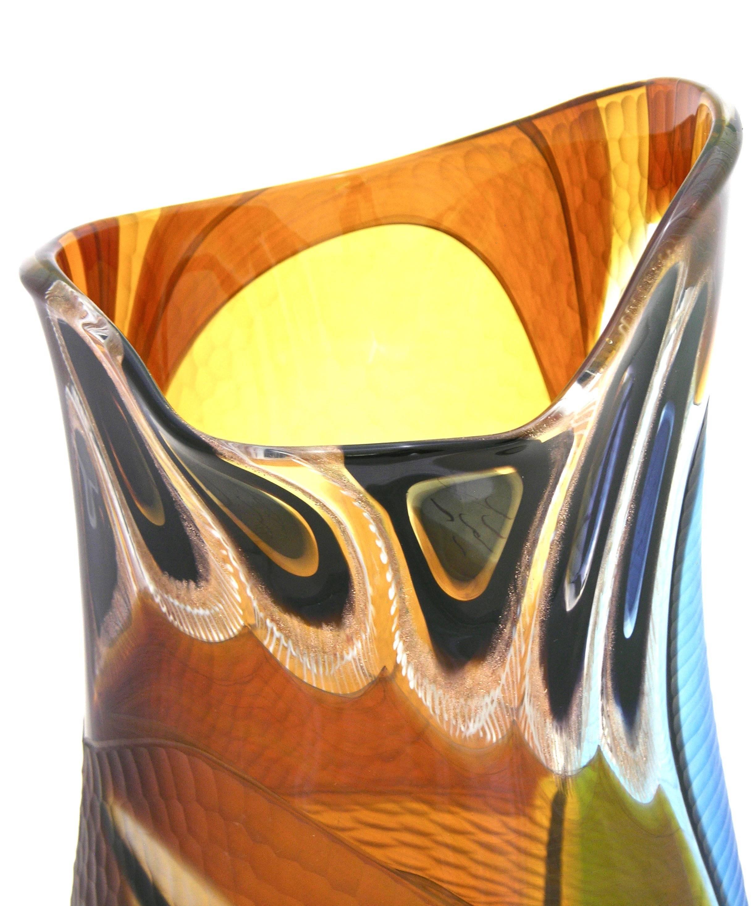Cenedese 1990s Colorful Murano Glass Vase with Blue Black and Gold Murrine In Excellent Condition In New York, NY