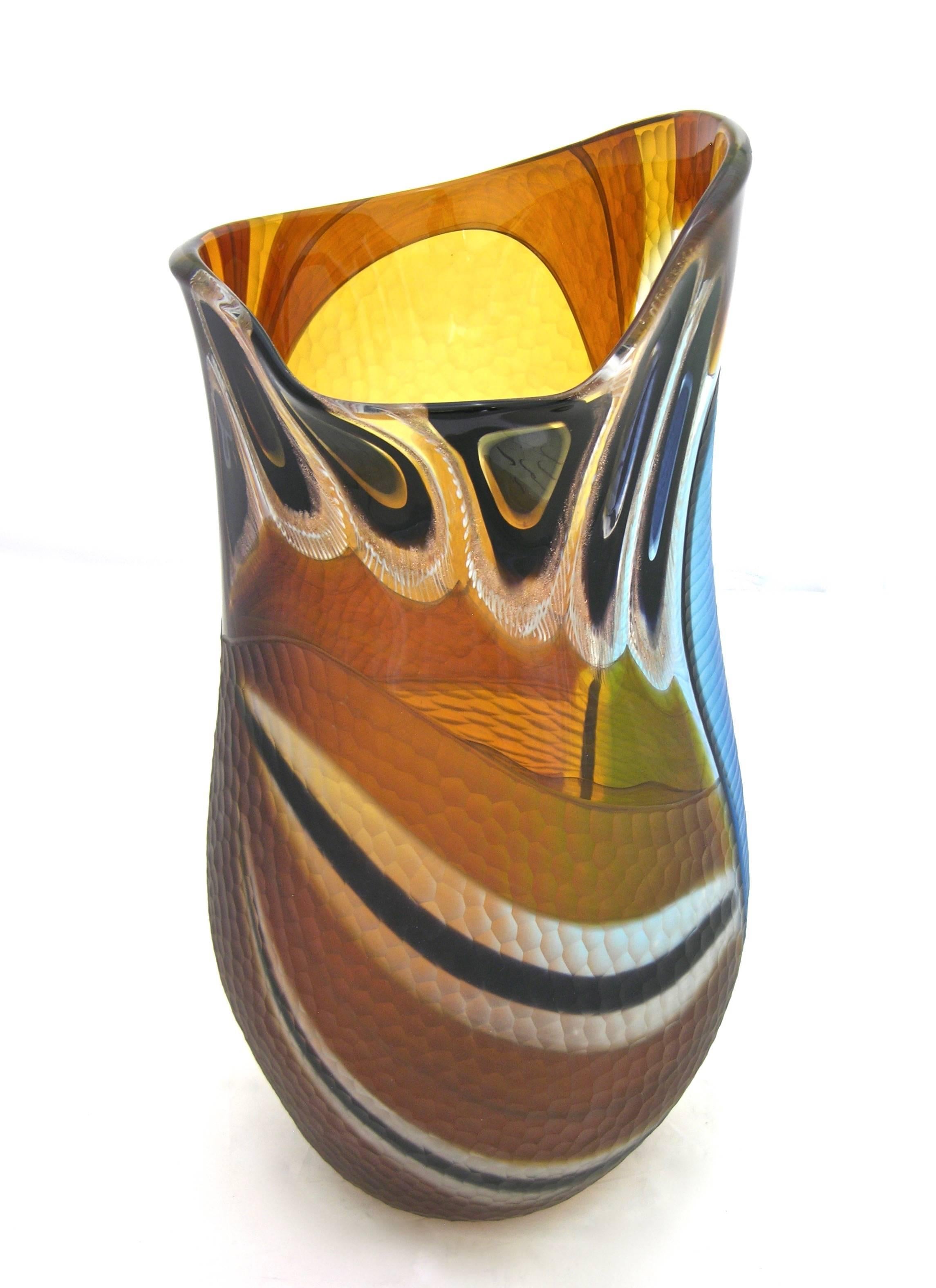 Blown Glass Cenedese 1990s Colorful Murano Glass Vase with Blue Black and Gold Murrine