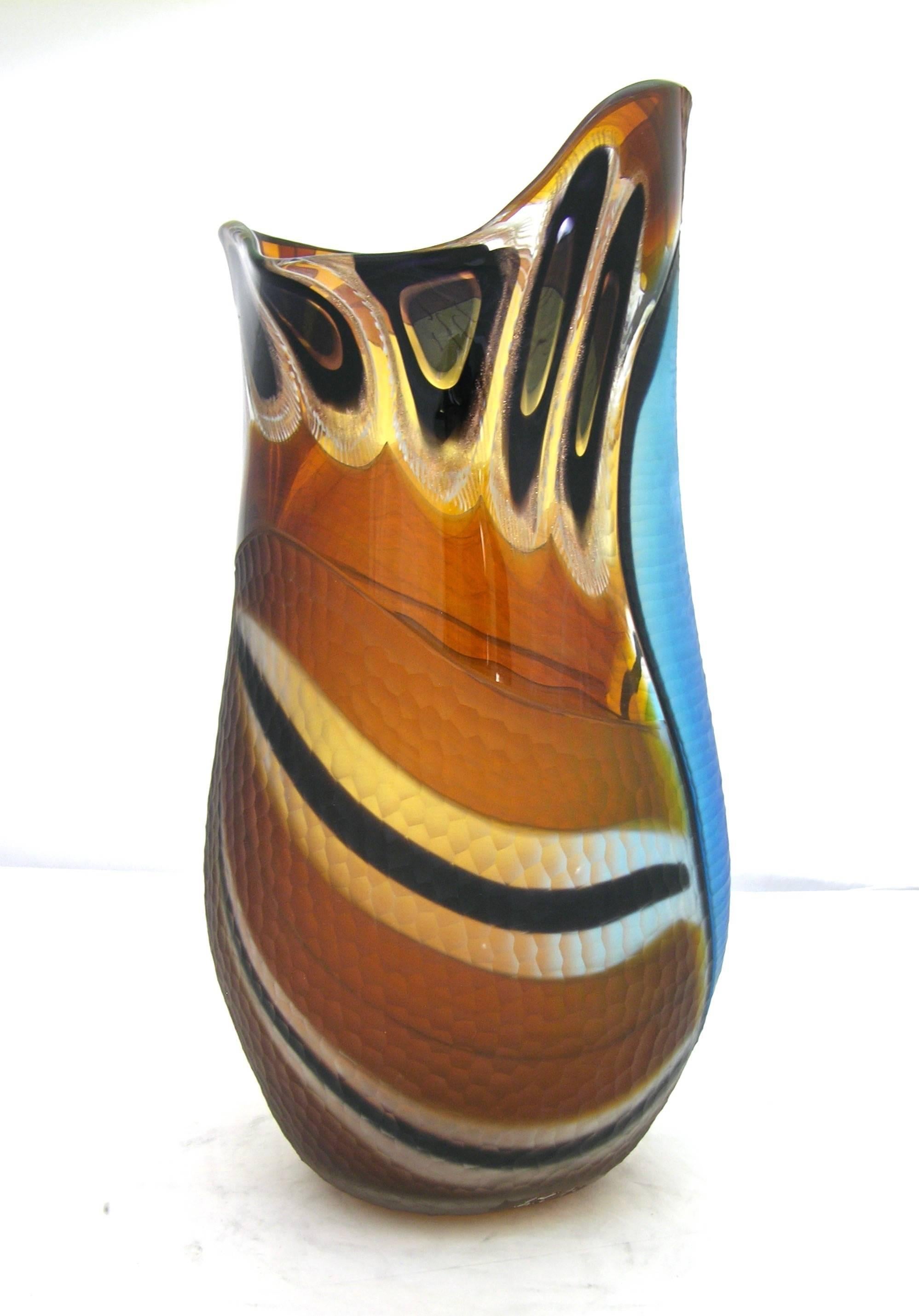 Italian Cenedese 1990s Colorful Murano Glass Vase with Blue Black and Gold Murrine