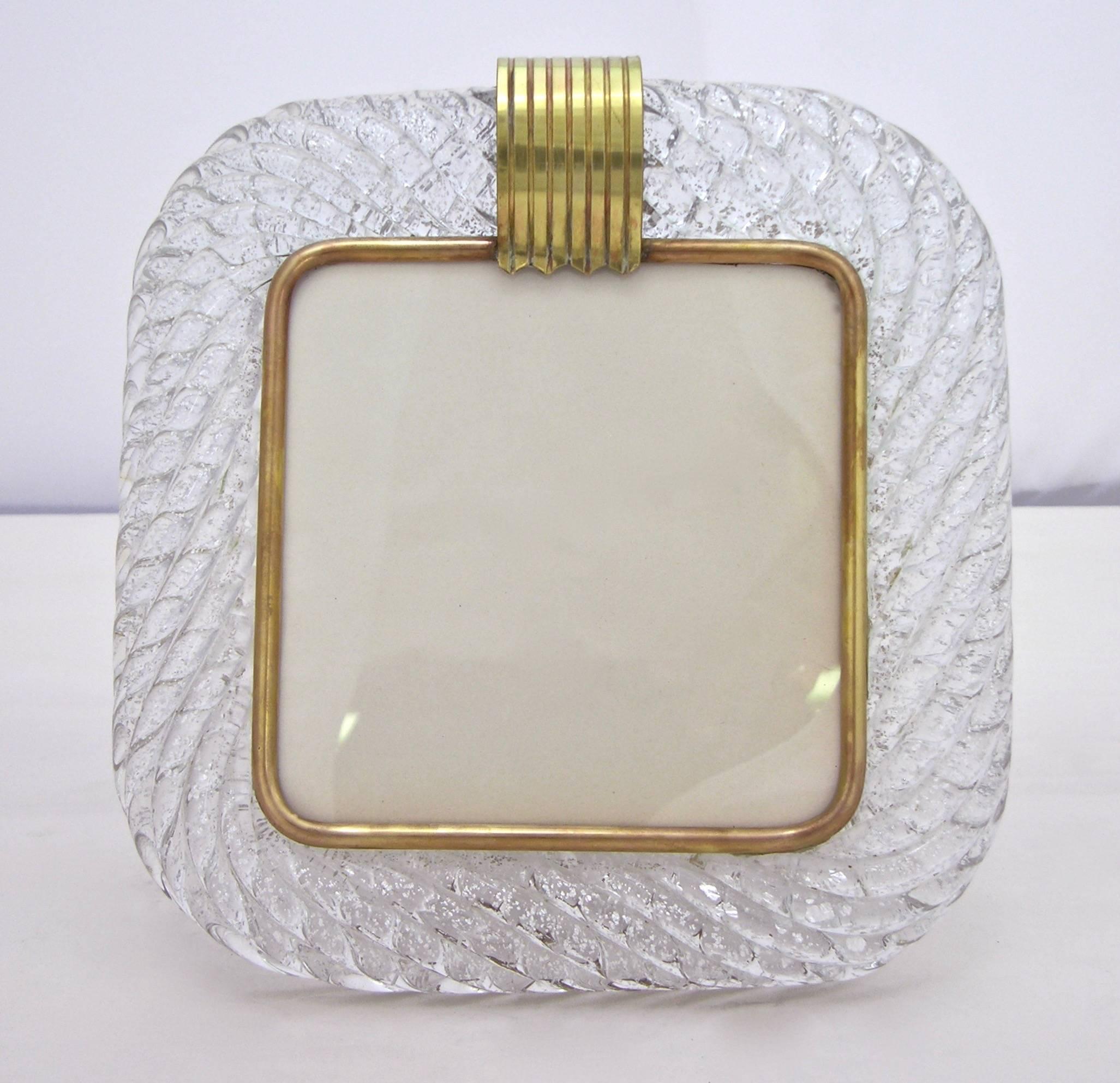 Late 20th Century Barovier Toso 1970s Vintage Clear Twisted Murano Glass Photo Frame with Silver