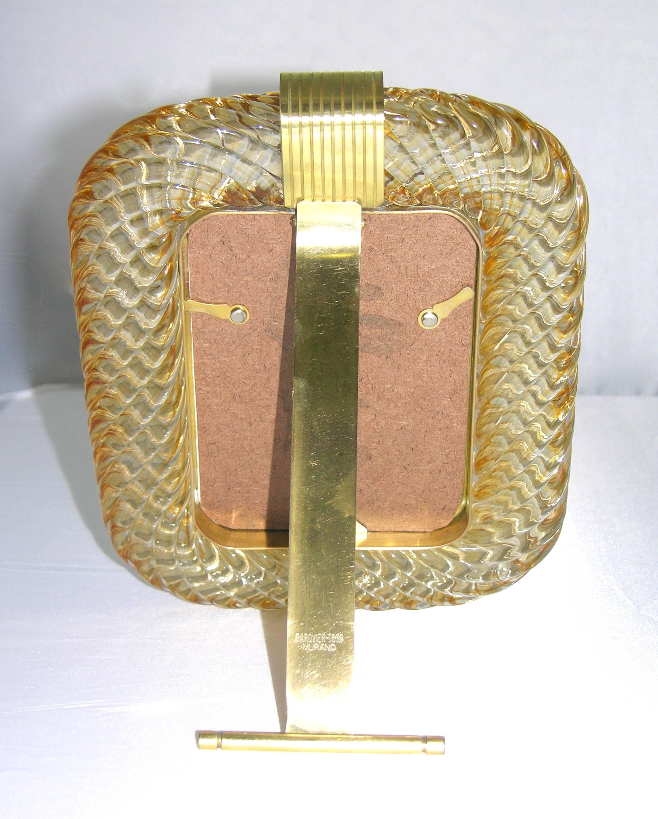Hand-Crafted Barovier-Toso 1970s Vintage Amber Gold Twisted Murano Glass Photo Frame