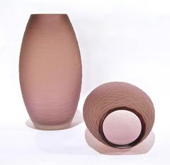 1980 Vetreria Schiavon Set of Two Satin Coral Pink Murano Glass Vases