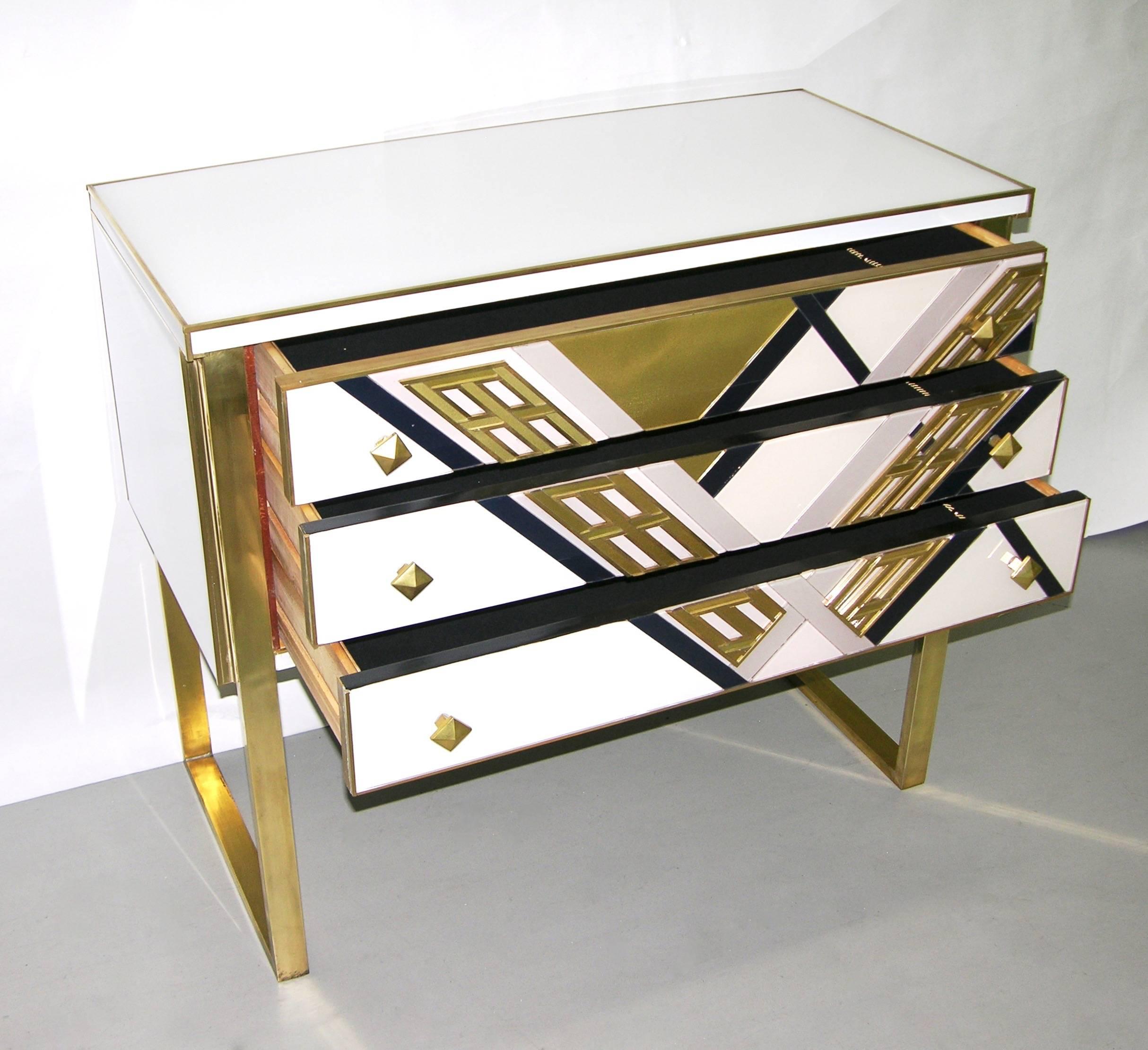 Hand-Crafted 1990s Italian Unique White Black and Gold Chest or Sideboard on Brass Legs For Sale