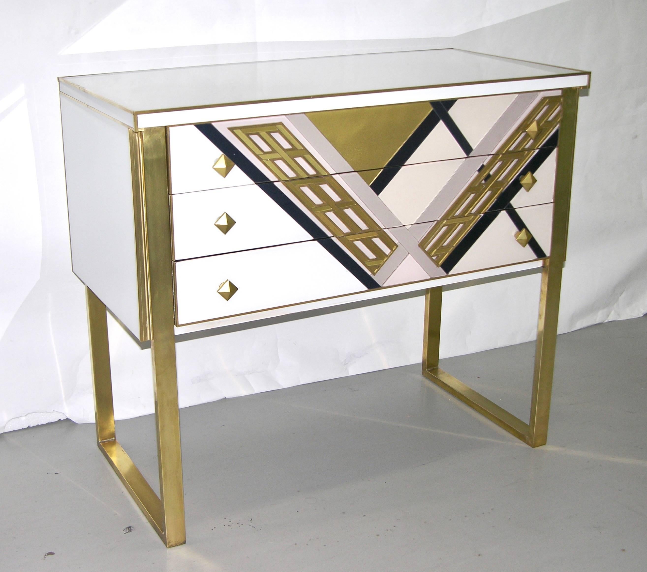 Modern 1990s Italian Unique White Black and Gold Chest or Sideboard on Brass Legs For Sale