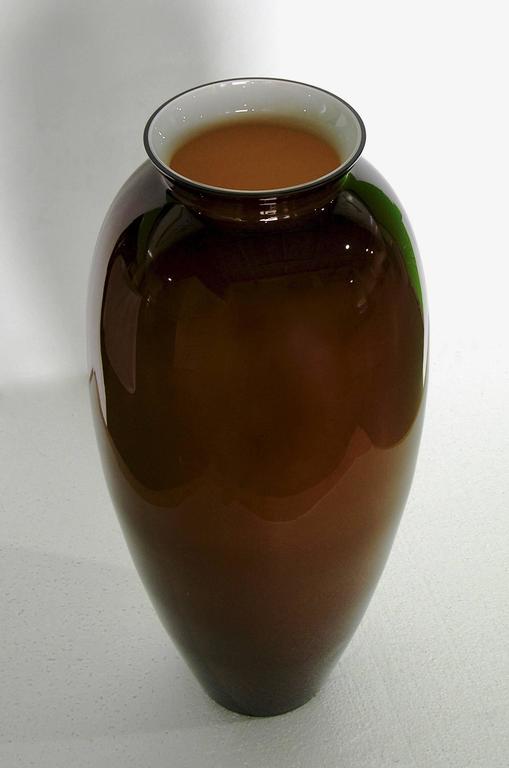 1980 Modern Italian Pair of Golden Brown Murano Glass Vases with White