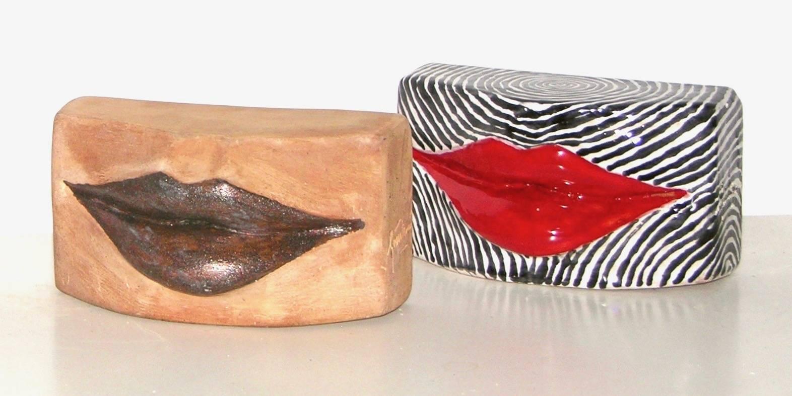 Hand-Crafted Red Lips, Black and White Enameled Terra-Cotta Kiss Sculpture