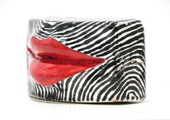 Red Lips, Black and White Enameled Terra-Cotta Kiss Sculpture