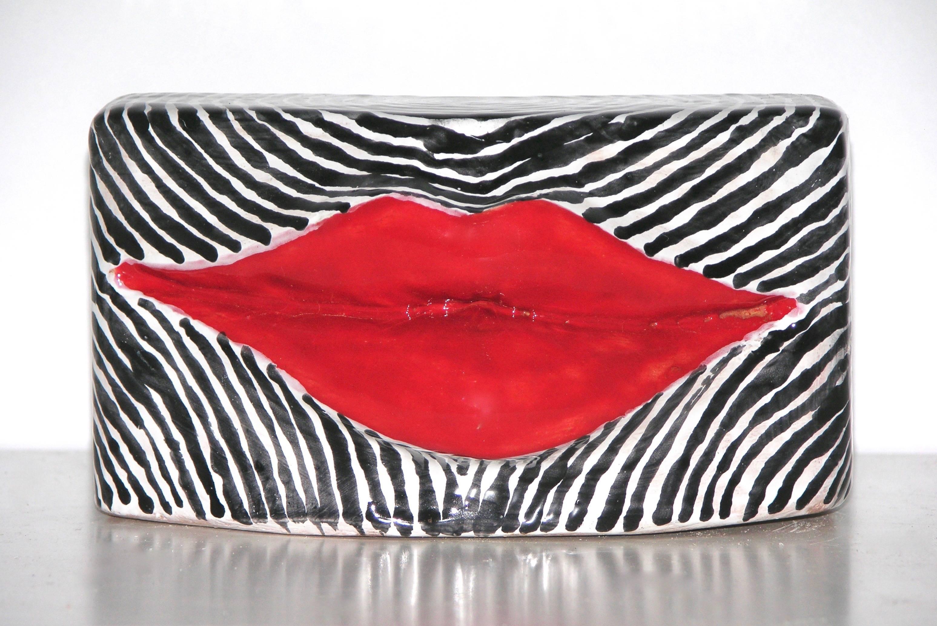 Italian Red Lips, Black and White Enameled Terra-Cotta Kiss Sculpture