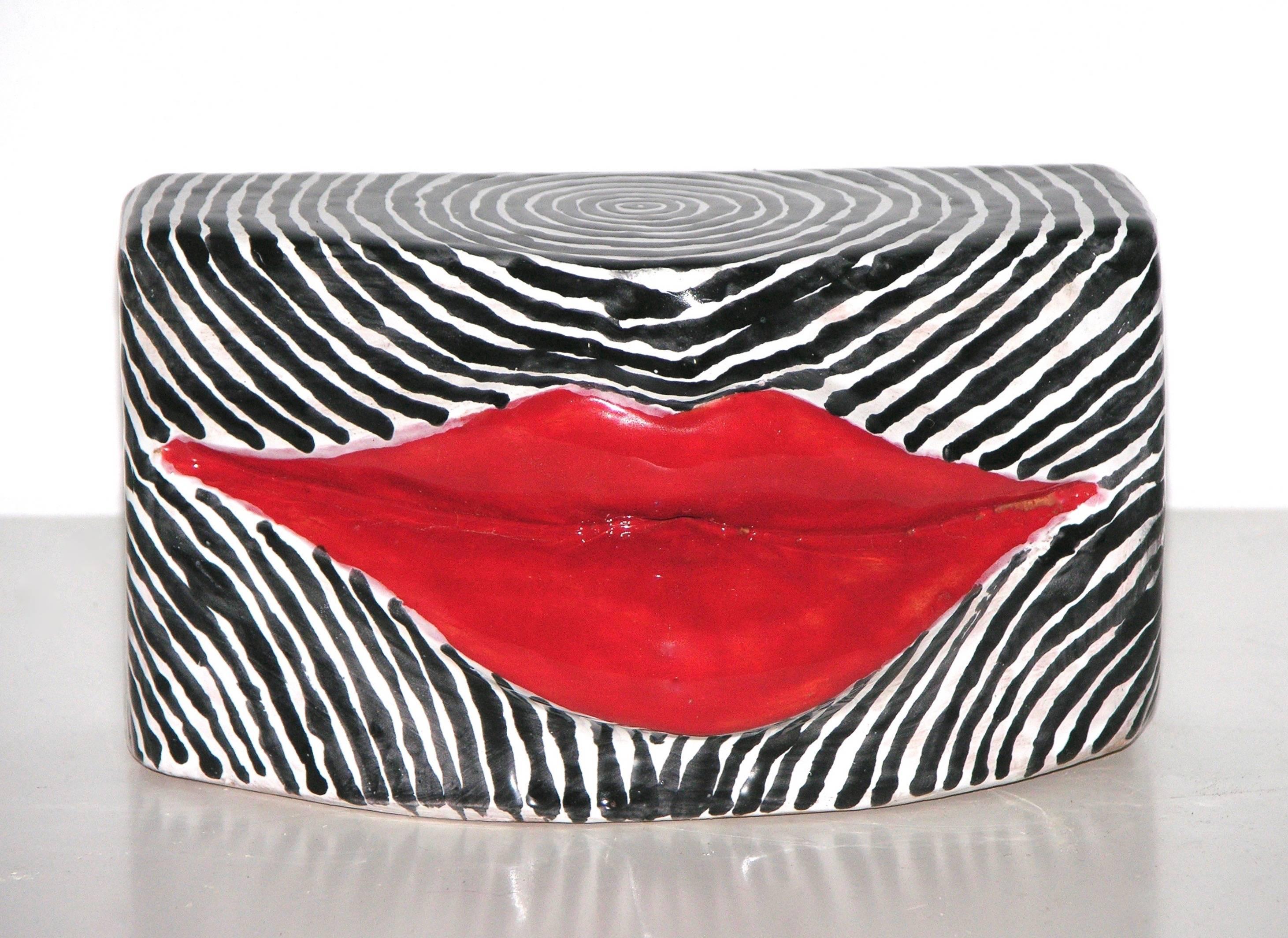 Contemporary Red Lips, Black and White Enameled Terra-Cotta Kiss Sculpture