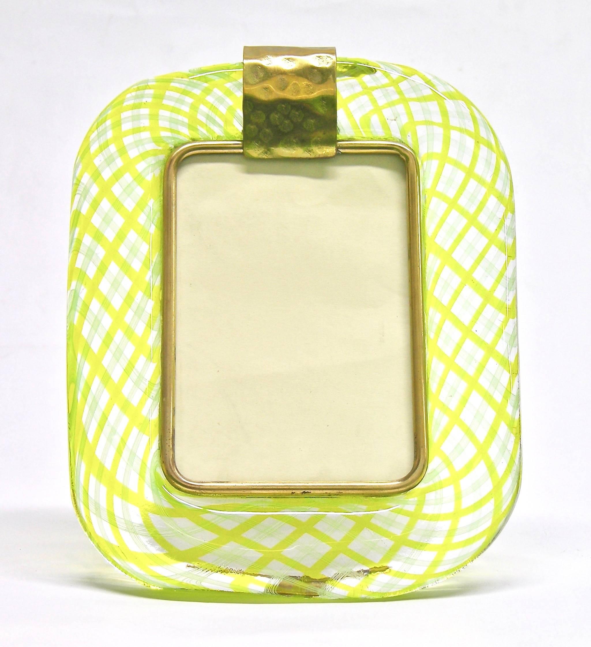 Brass Venini, 1970s Vintage Yellow Green Chartreuse Murano Glass Photo Frame
