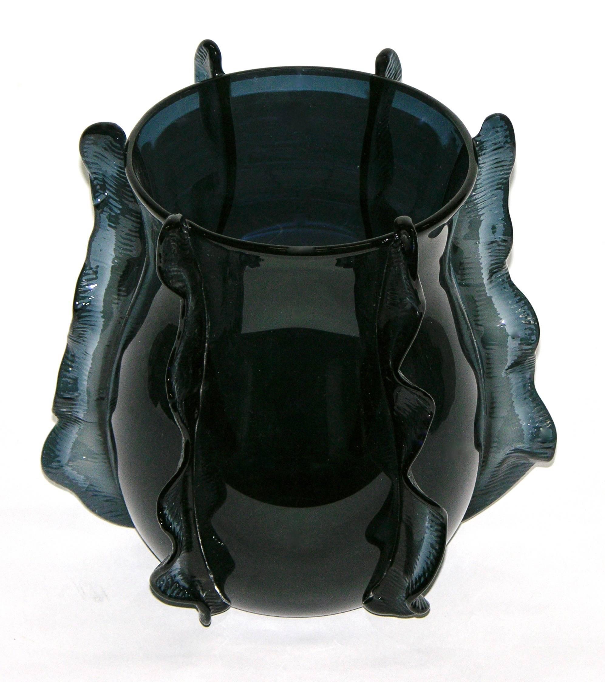 Engraved Formia 2009 Italian Organic Avio Navy Blue Murano Glass Curved Modern Vase
