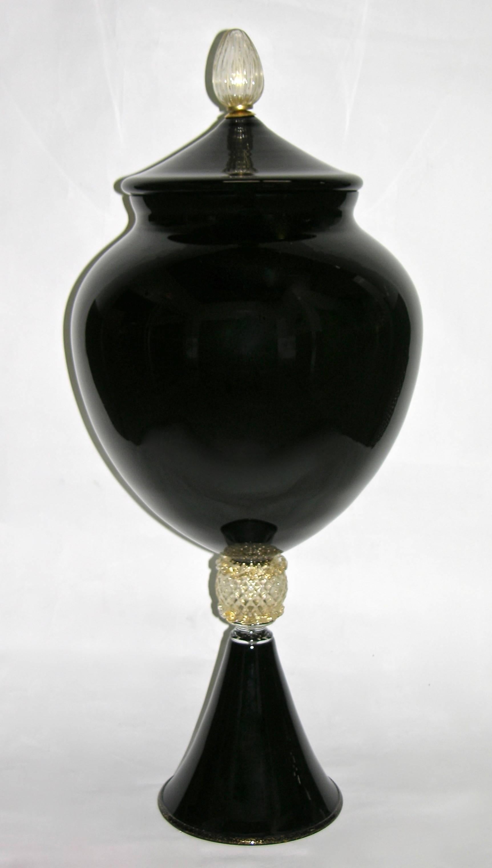 Mid-Century Modern 1980 Italian Pair of Tall Black and Gold Glass Vases / Urns Attributed to Venini