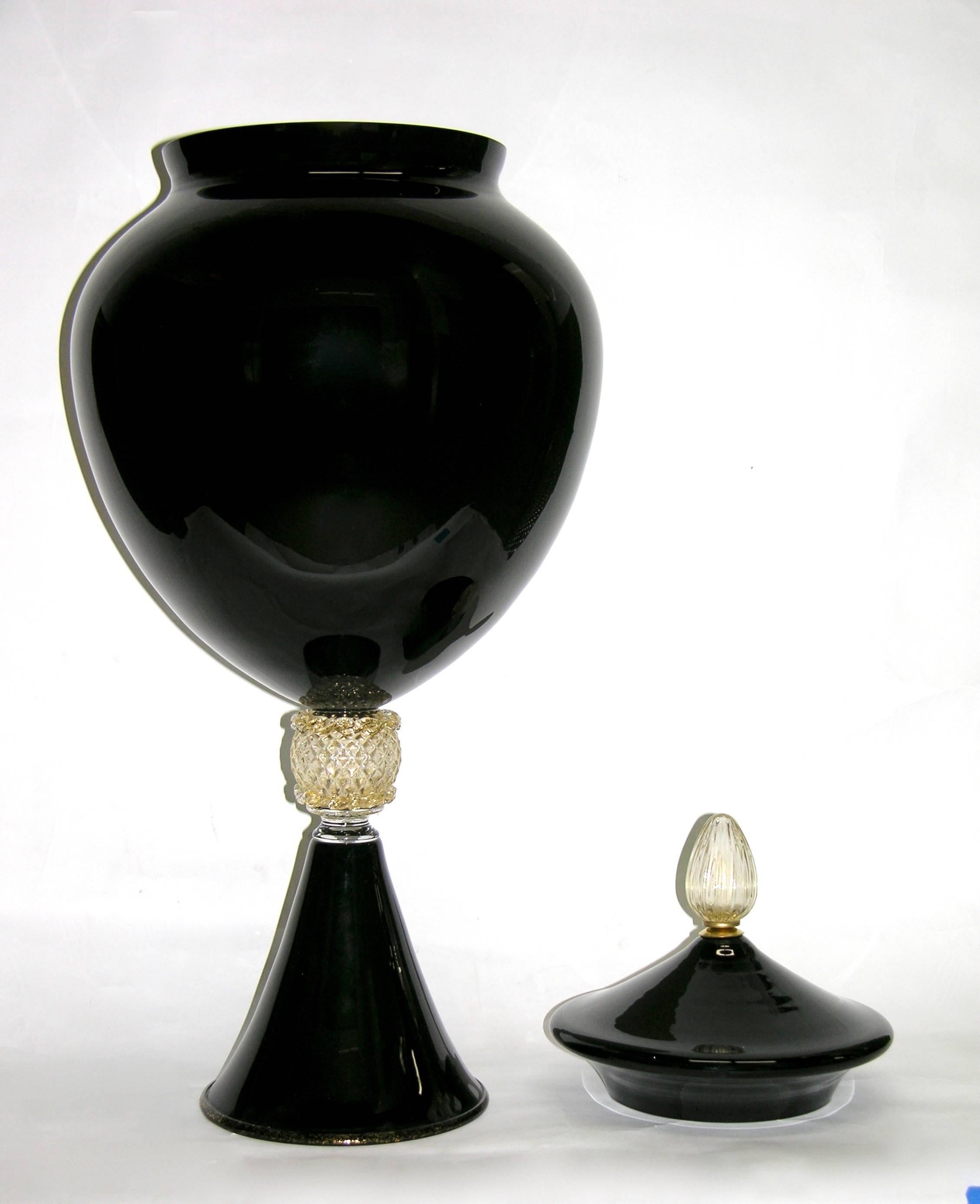 Hand-Crafted 1980 Italian Pair of Tall Black and Gold Glass Vases / Urns Attributed to Venini