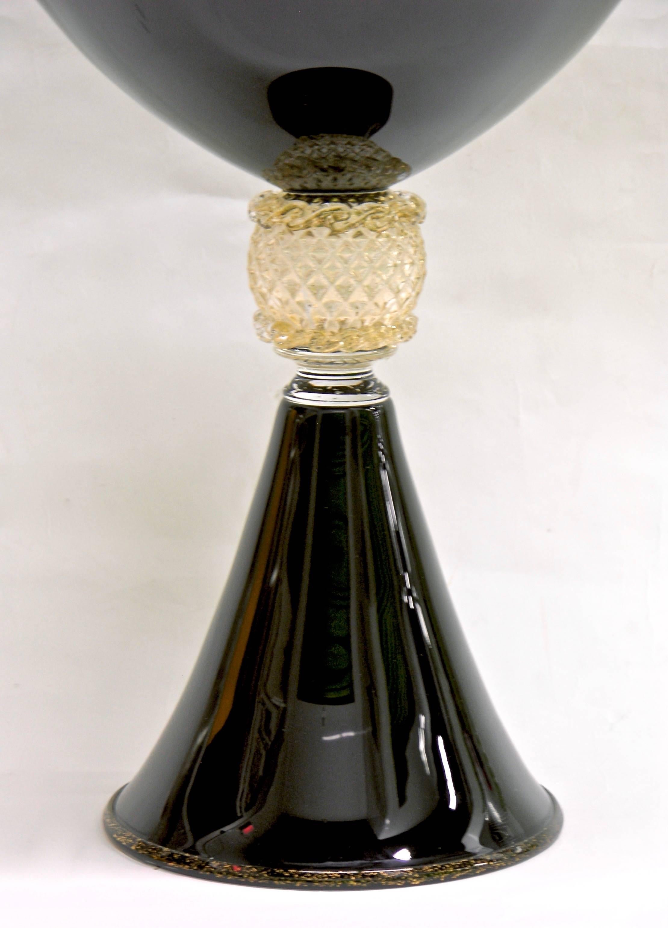 Late 20th Century 1980 Italian Pair of Tall Black and Gold Glass Vases / Urns Attributed to Venini