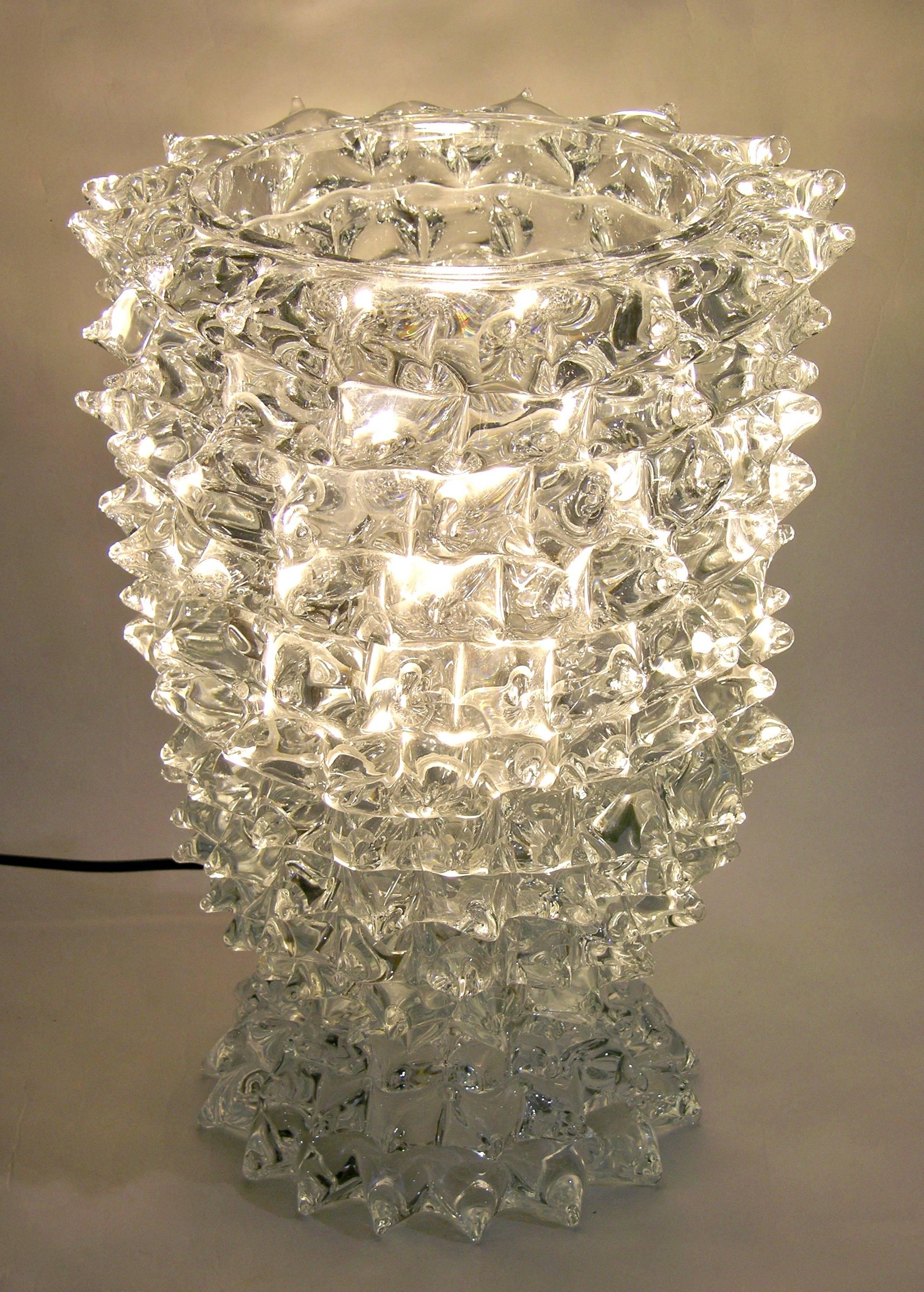 Pino Signoretto 1980s Italian Pair of Rostrato Clear Murano Glass Table Lamps 1