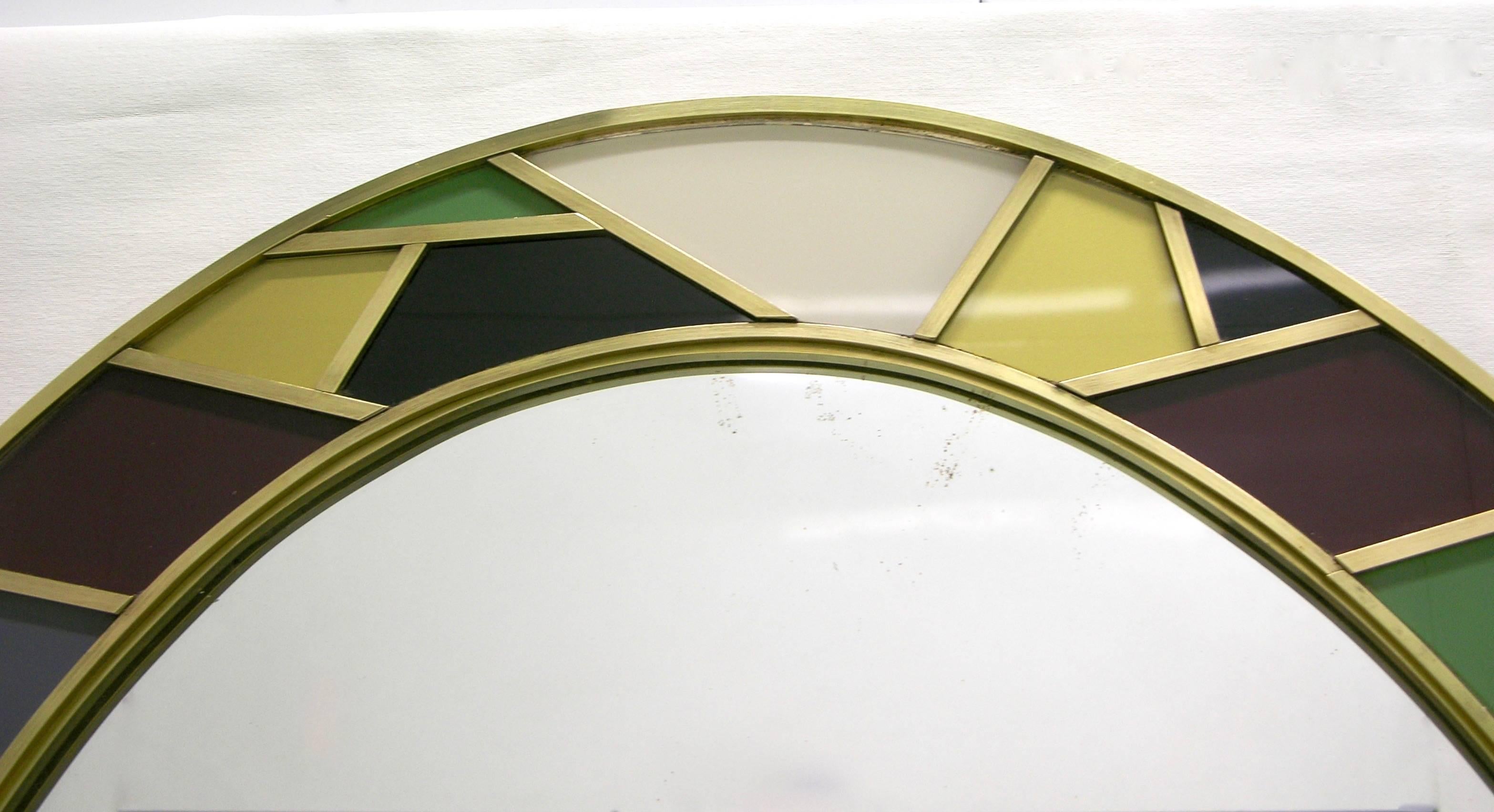 1970s Italian Modern Oval Mirror in Green Grey Blue Yellow Black White and Brass 2