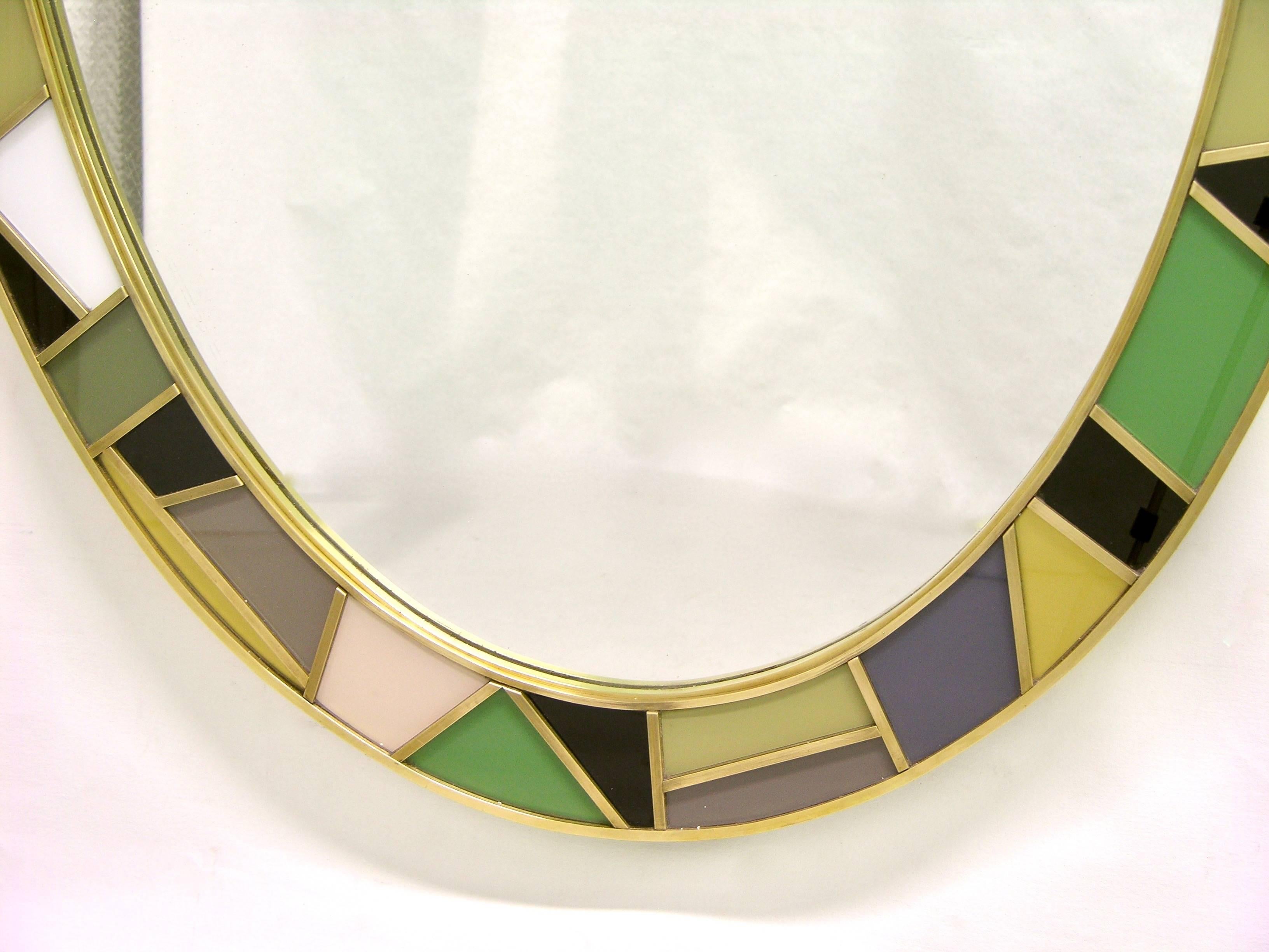 Hand-Crafted 1970s Italian Modern Oval Mirror in Green Grey Blue Yellow Black White and Brass
