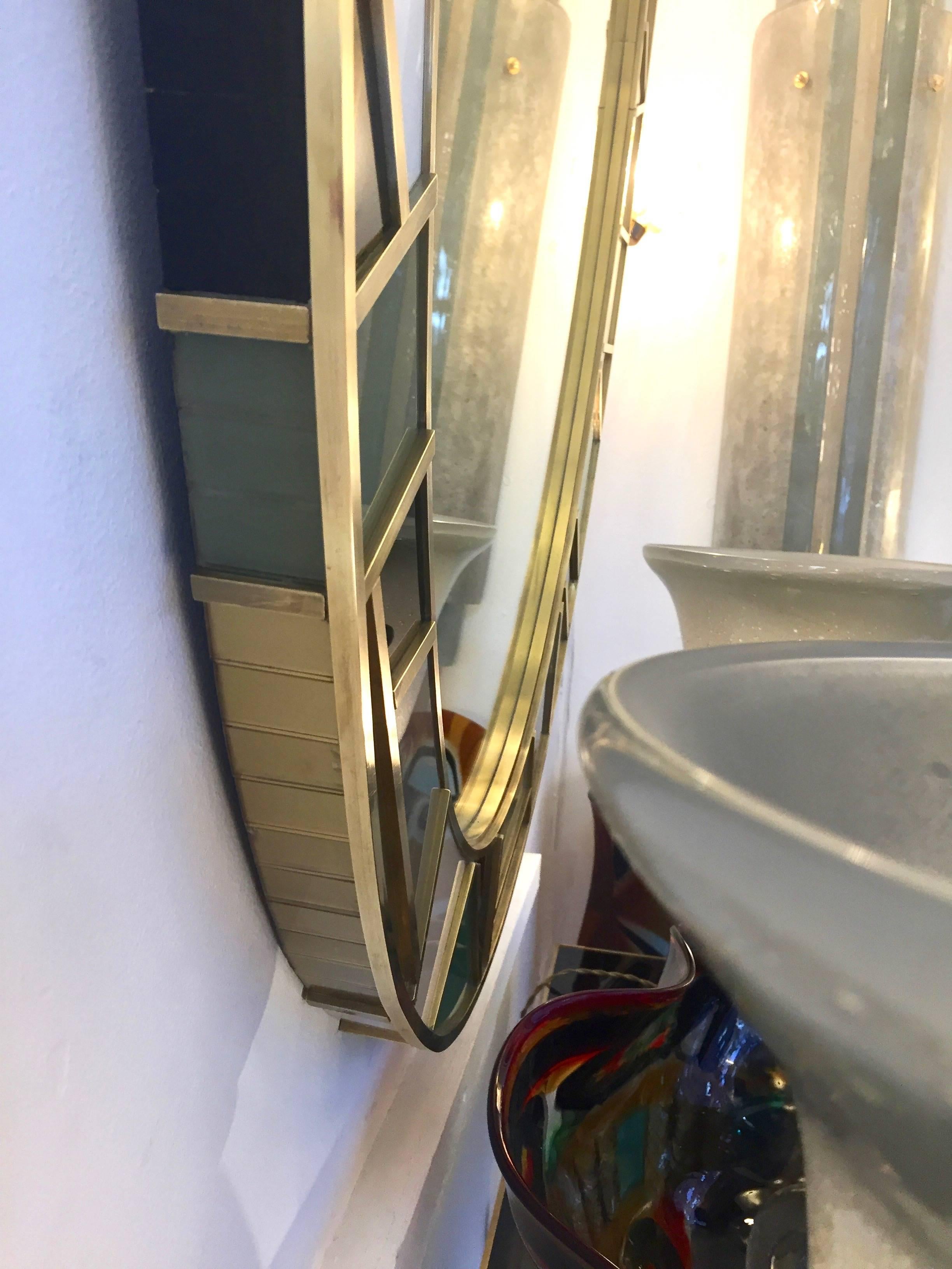 Late 20th Century 1970s Italian Modern Oval Mirror in Green Grey Blue Yellow Black White and Brass