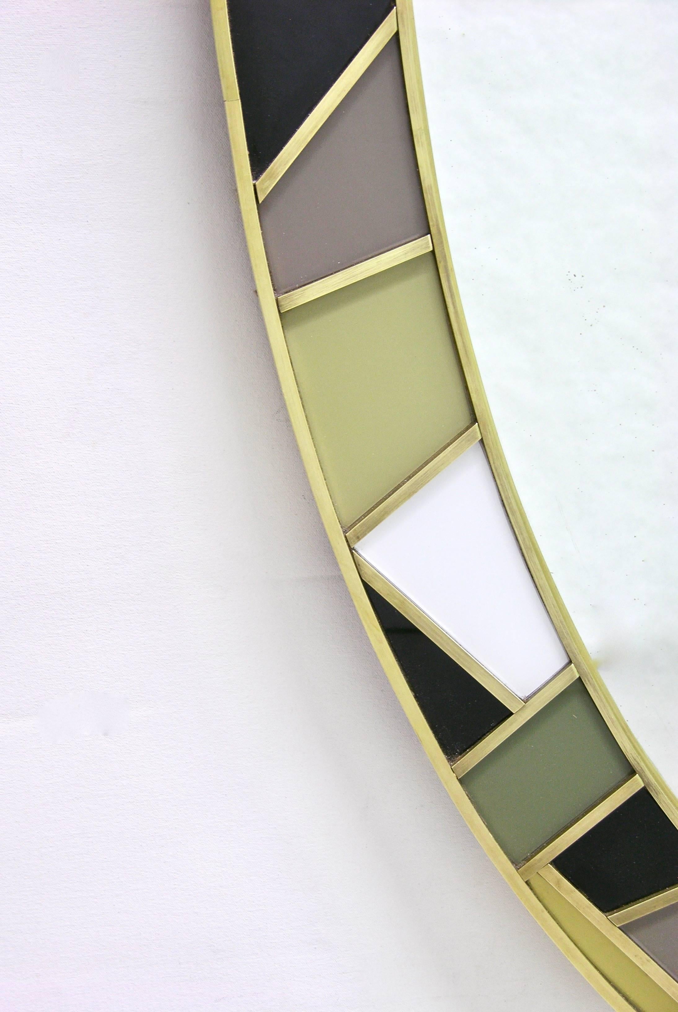 1970s Italian Modern Oval Mirror in Green Grey Blue Yellow Black White and Brass 1