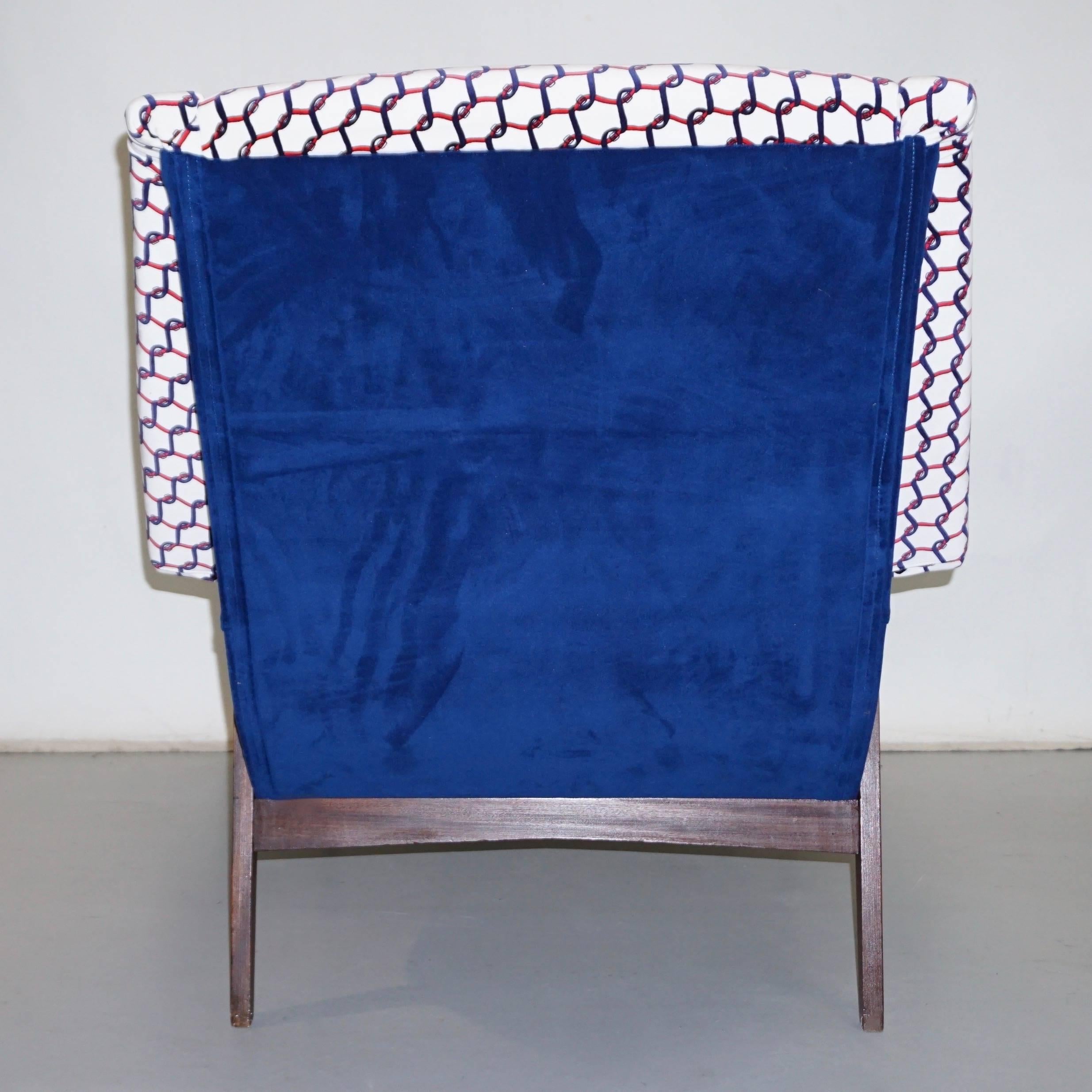 Mid-20th Century 1960s Italian Pair of Vintage Walnut Armchairs in Cobalt Blue White Red Fabric