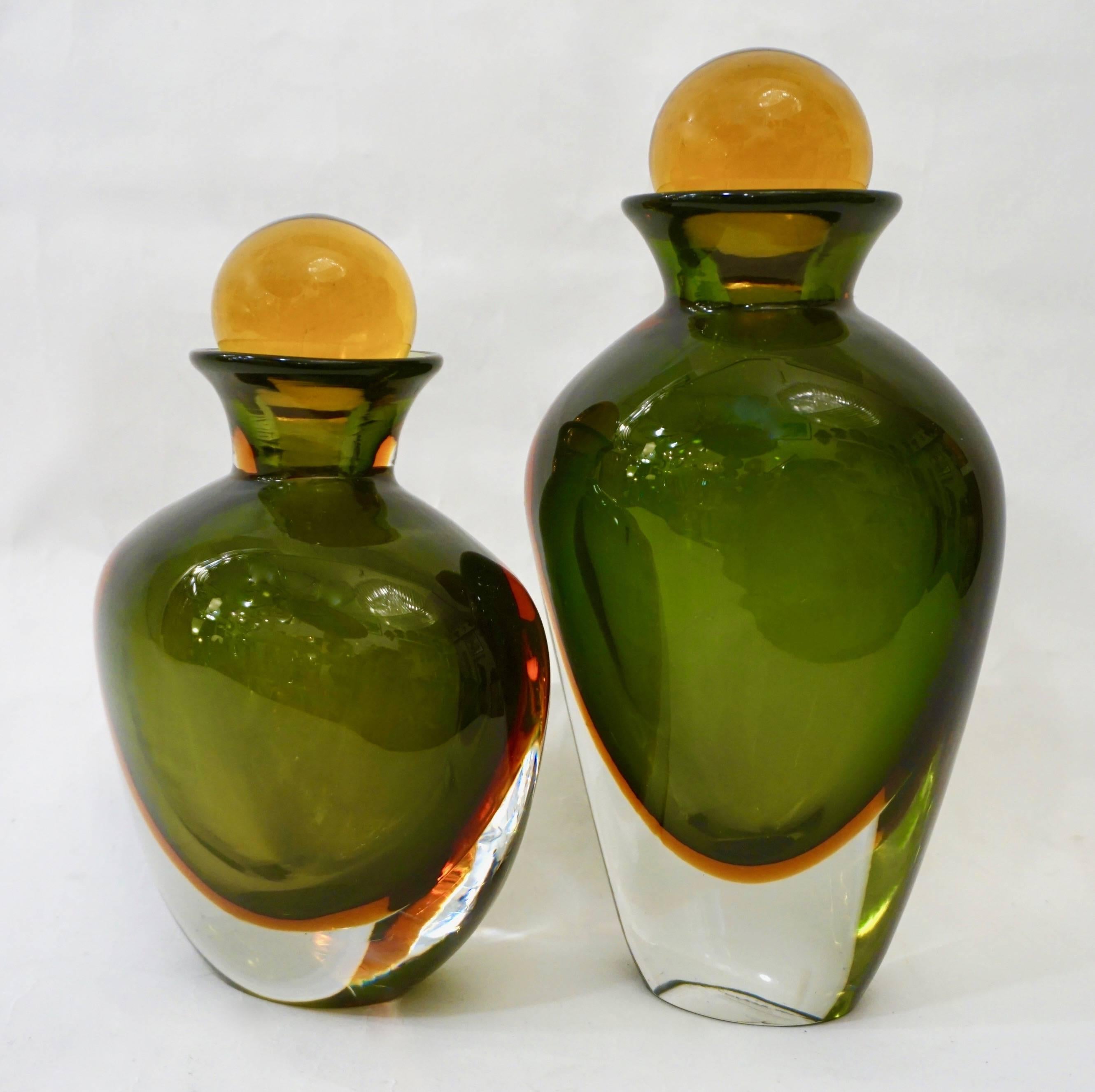 Formia Modern Italian Pair of Ovoid Yellow Green Orange Murano Glass Bottles 1