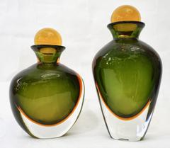 Formia Modern Italian Pair of Ovoid Yellow Green Orange Murano Glass Bottles