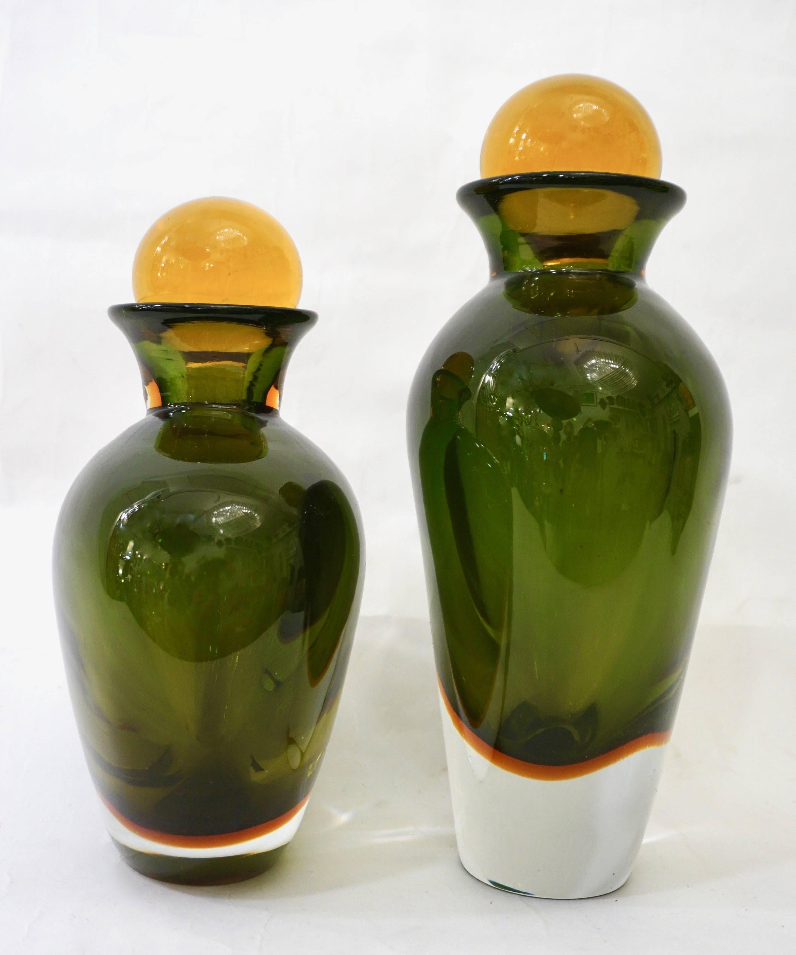 Organic Modern Formia Modern Italian Pair of Ovoid Yellow Green Orange Murano Glass Bottles