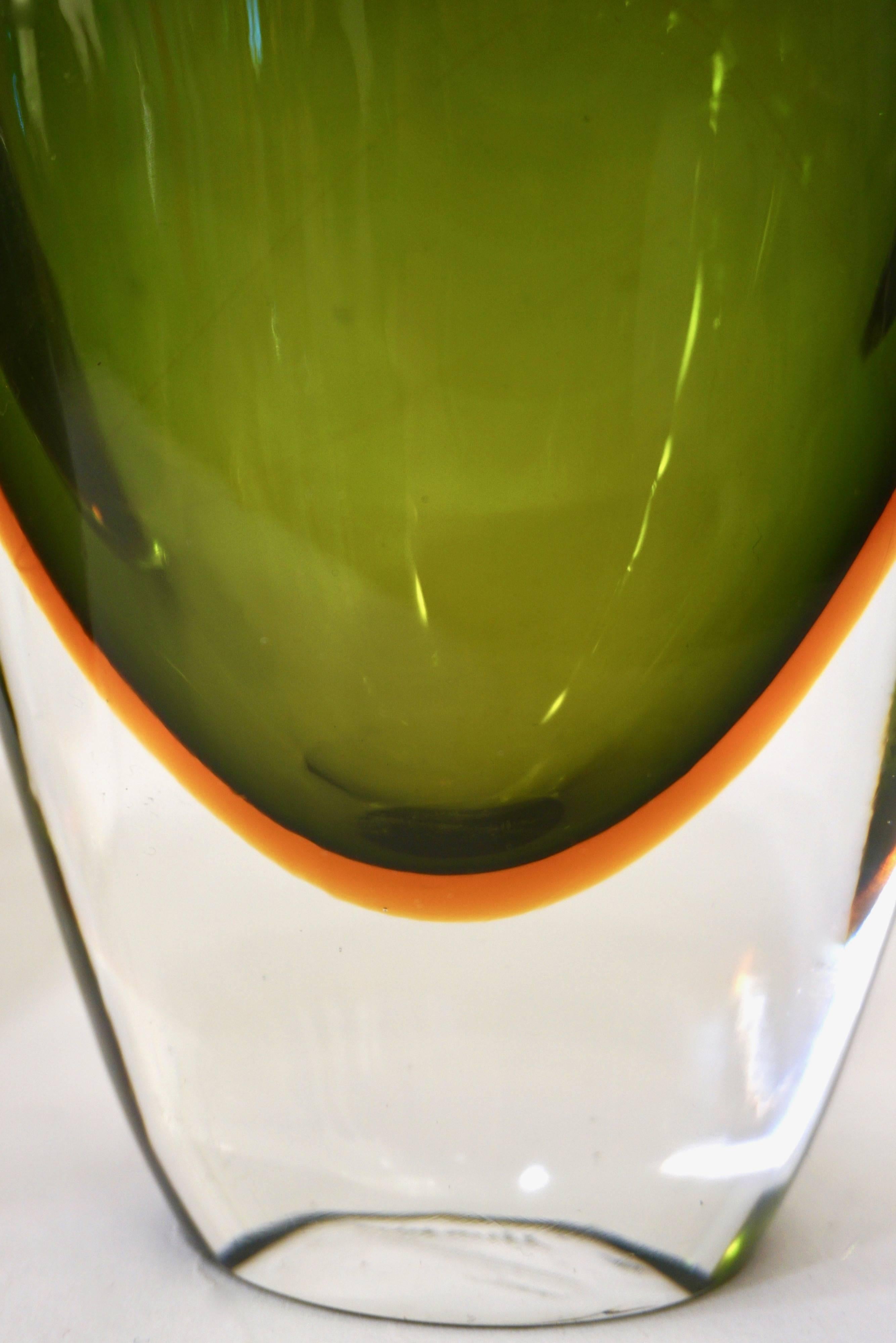 Blown Glass Formia Modern Italian Pair of Ovoid Yellow Green Orange Murano Glass Bottles