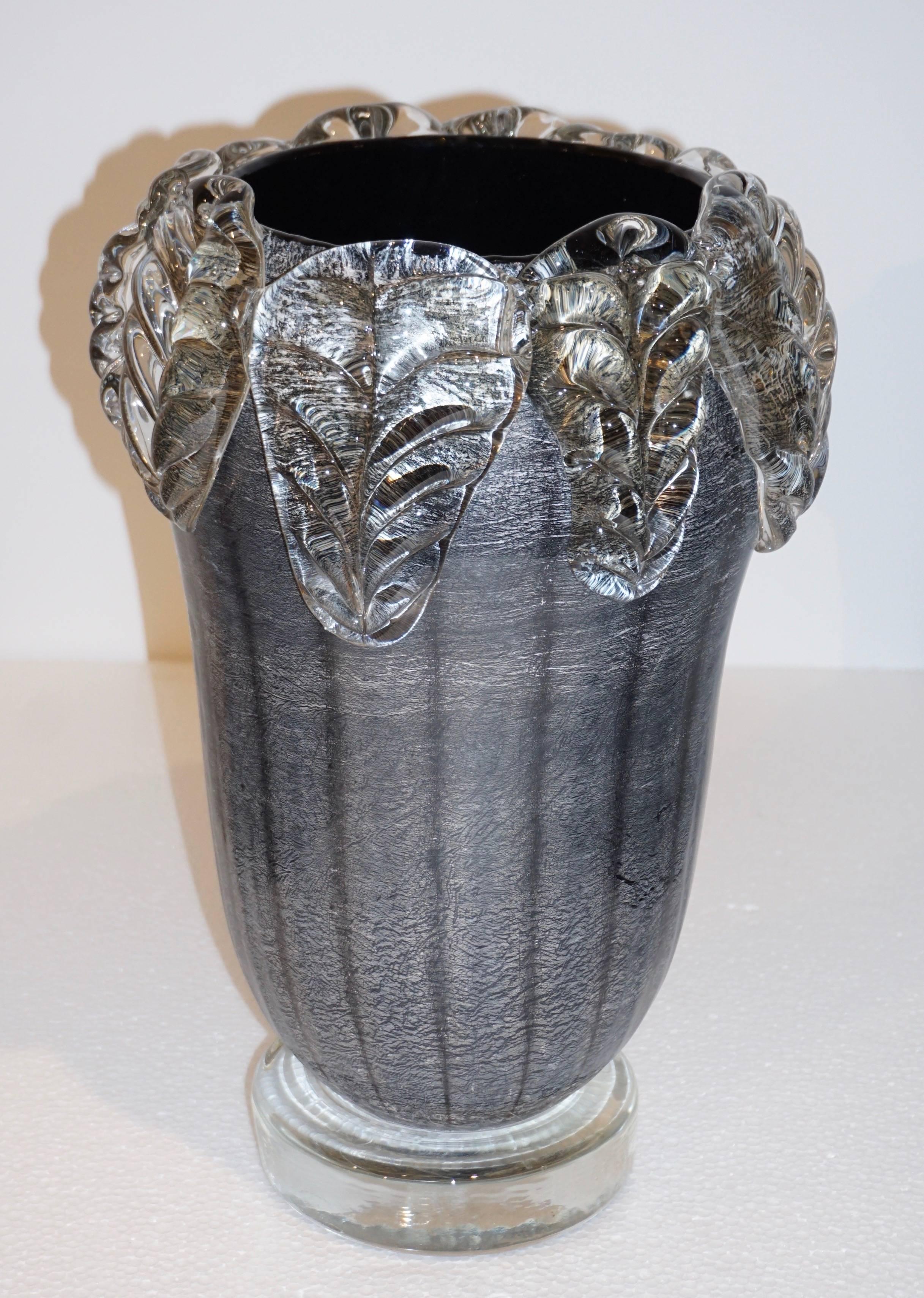 Blown Glass 1980s Costantini Italian Pair of Silver Black Crystal Murano Glass Leaf Vases