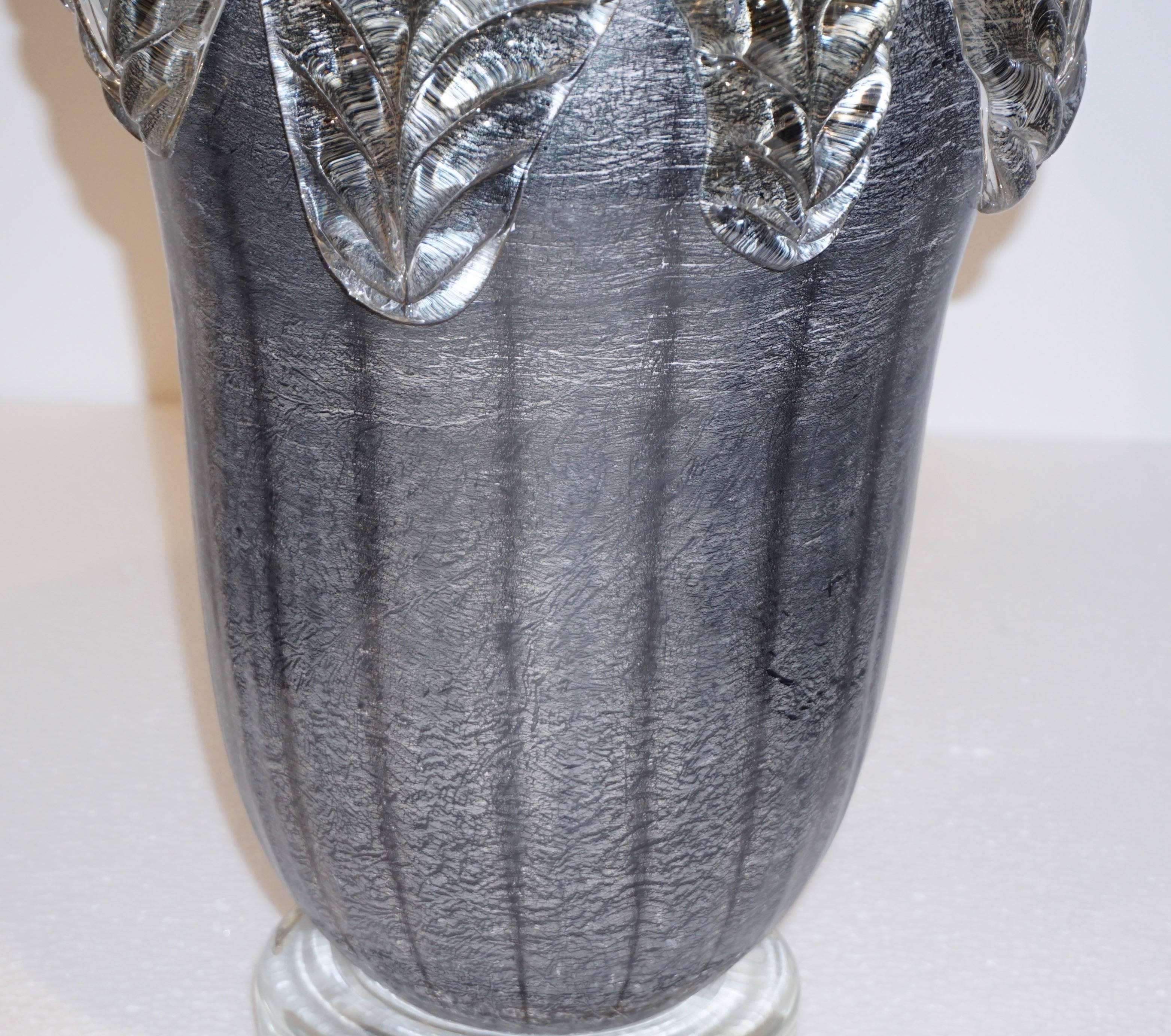 Hand-Crafted 1980s Costantini Italian Pair of Silver Black Crystal Murano Glass Leaf Vases