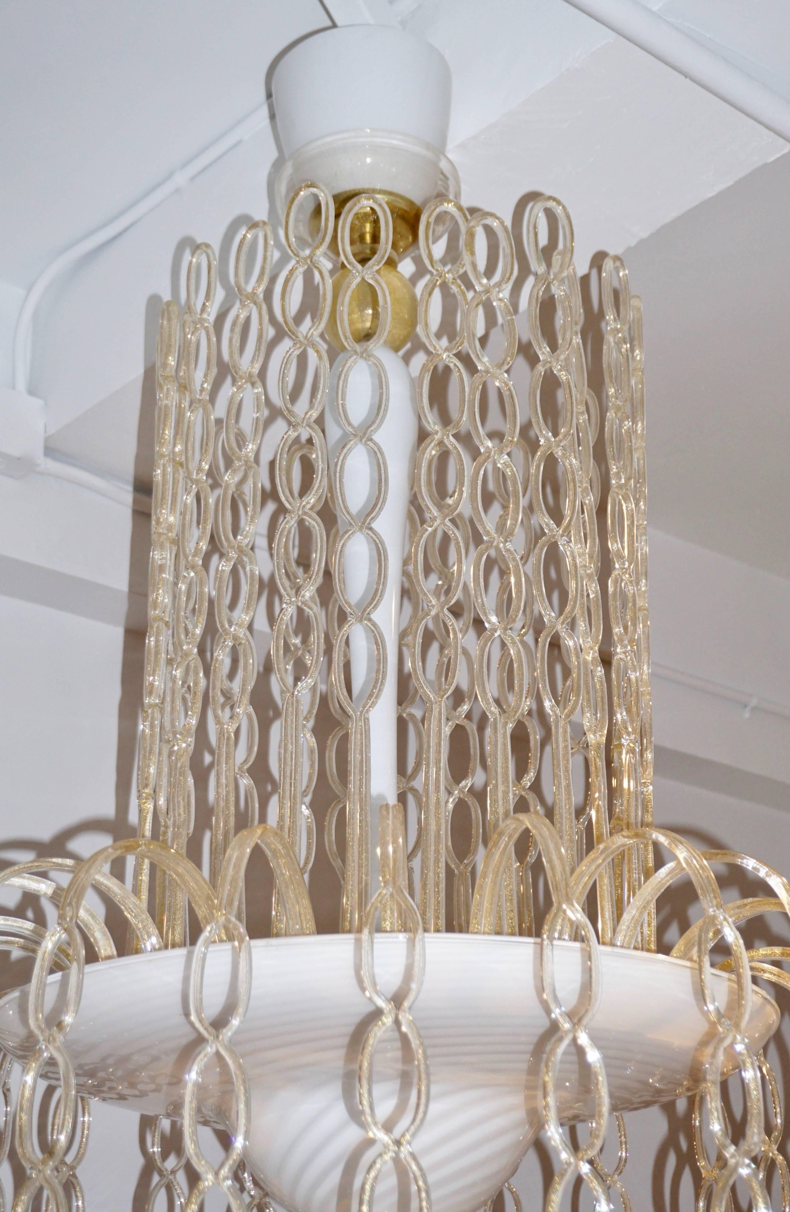 Blown Glass Seguso Vetri d'Arte 1970s Italian Gold and White Murano Glass Cascade Chandelier