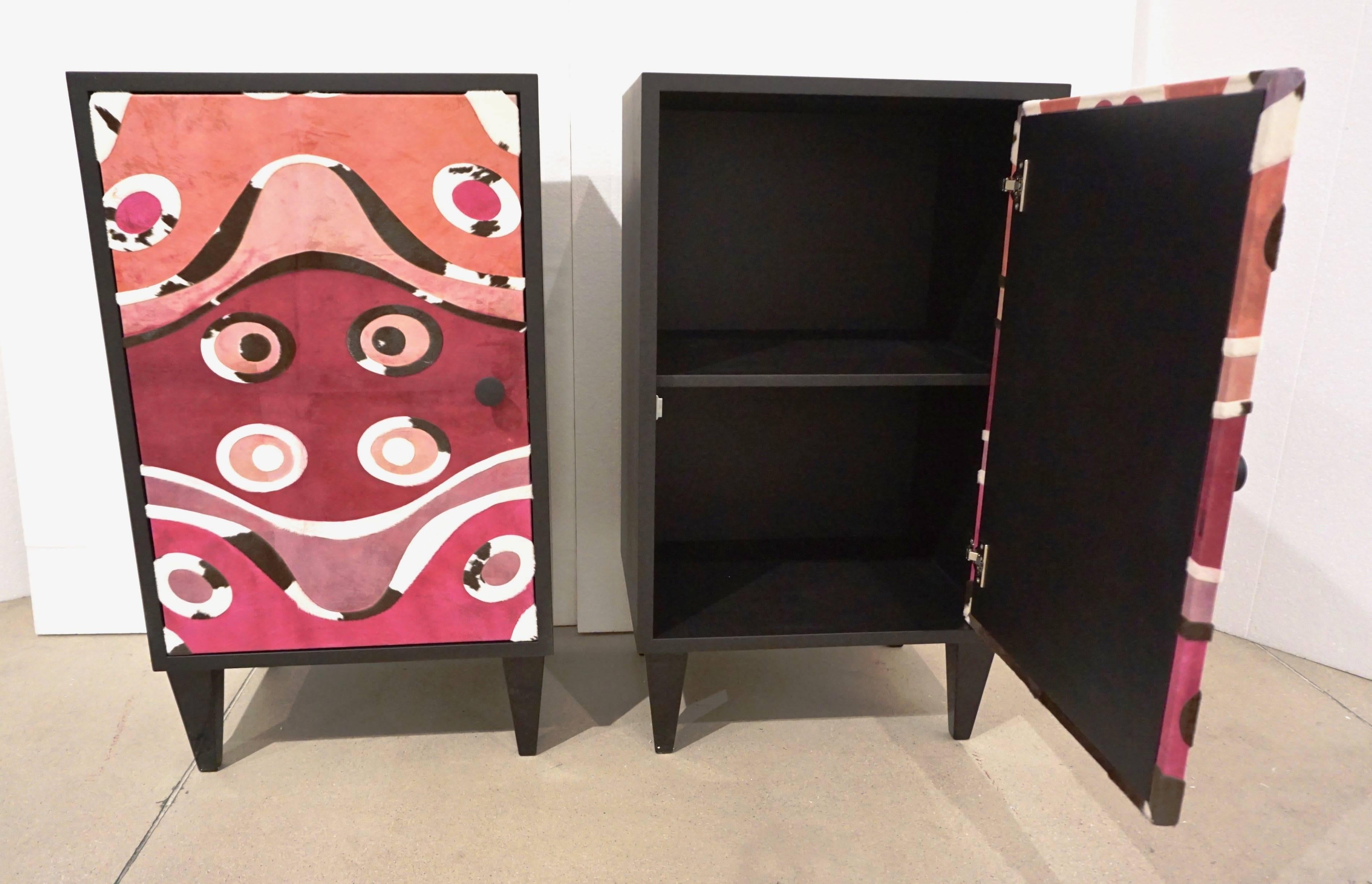 Dyed Contemporary Italian Pair of Black Lacquered and Rose Pink Leather Side Cabinets