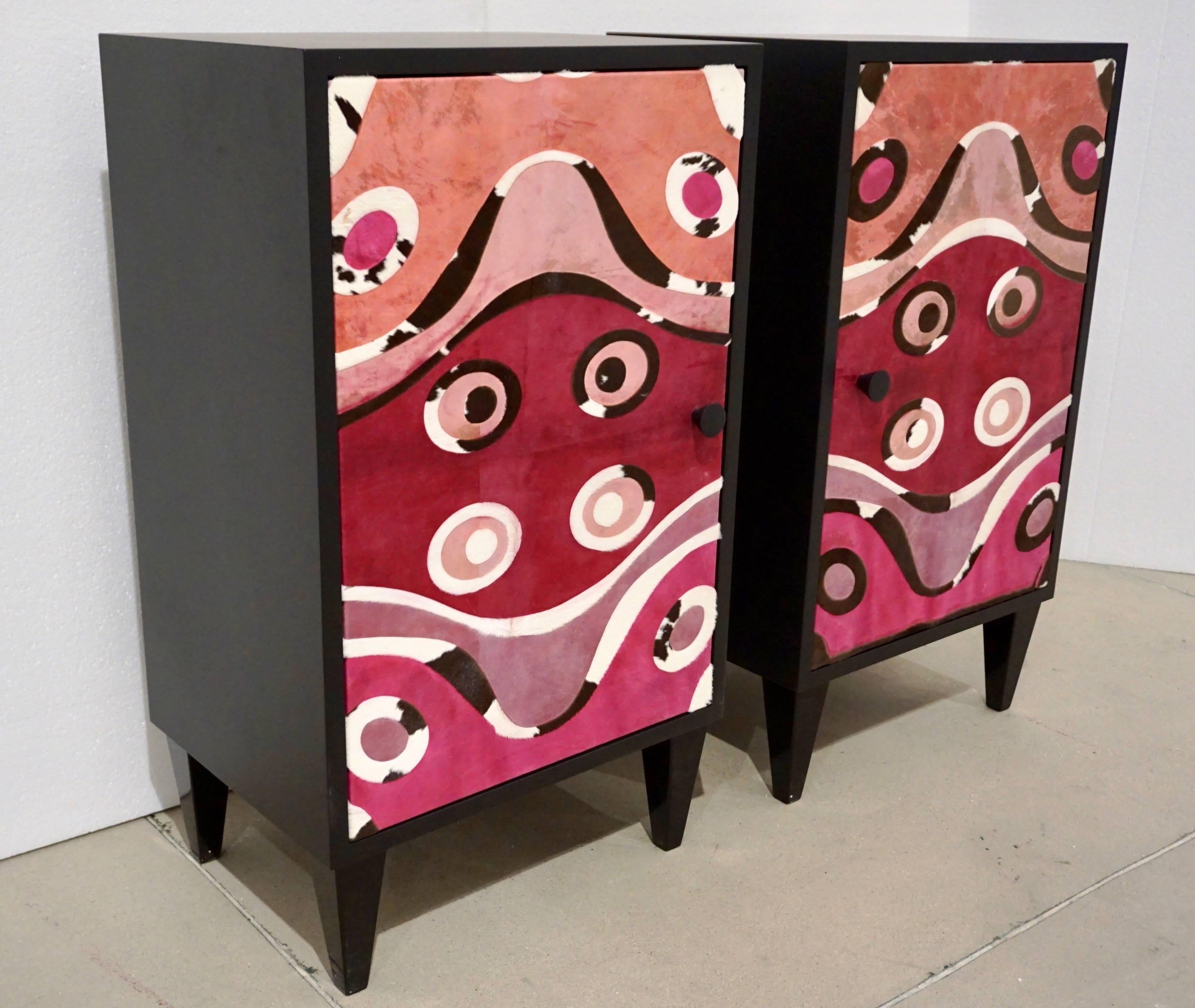 Contemporary Italian Pair of Black Lacquered and Rose Pink Leather Side Cabinets 2