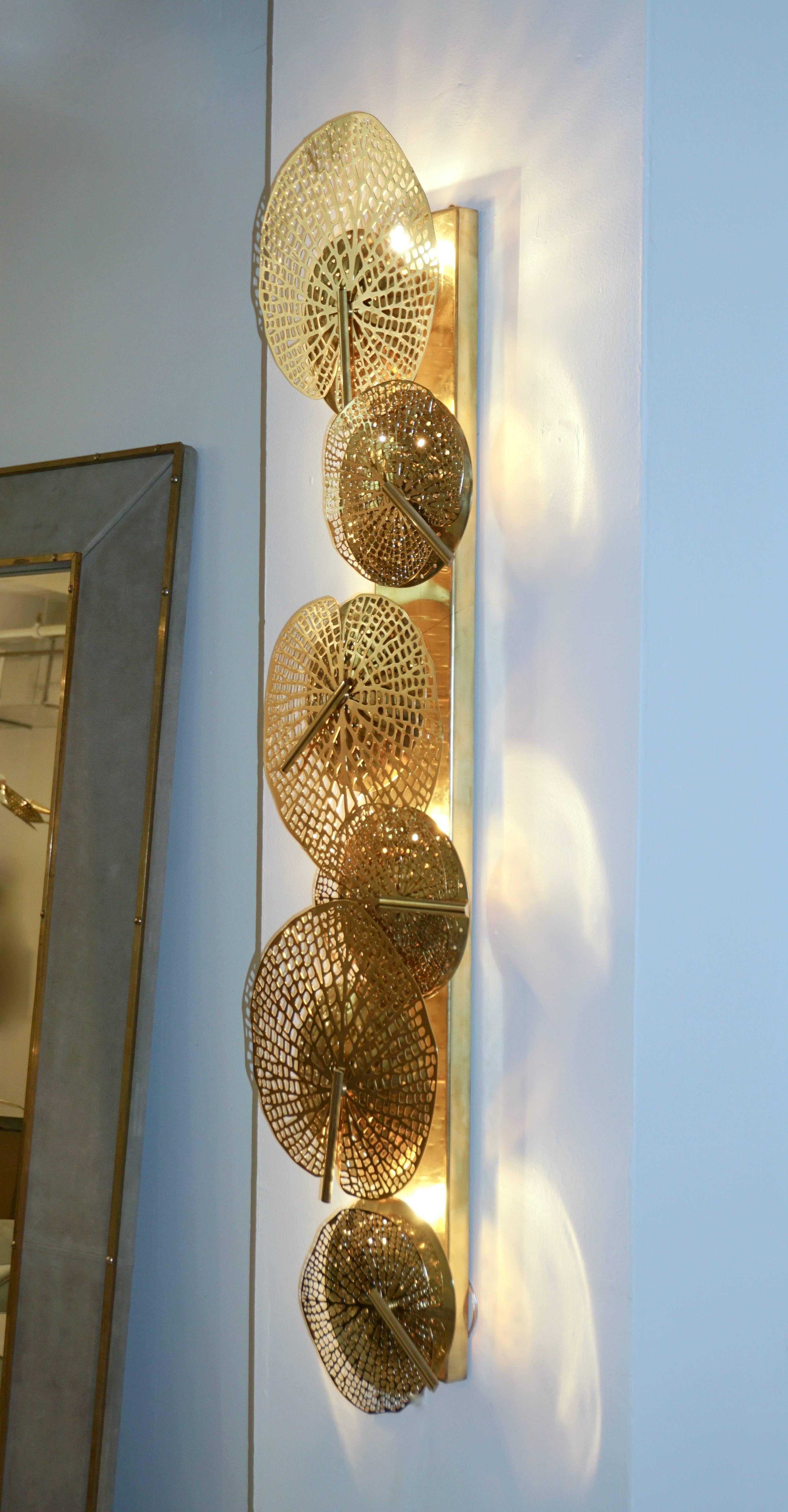 Contemporary Organic Italian Design Pair of Perforated Brass Leaf Sconces 3