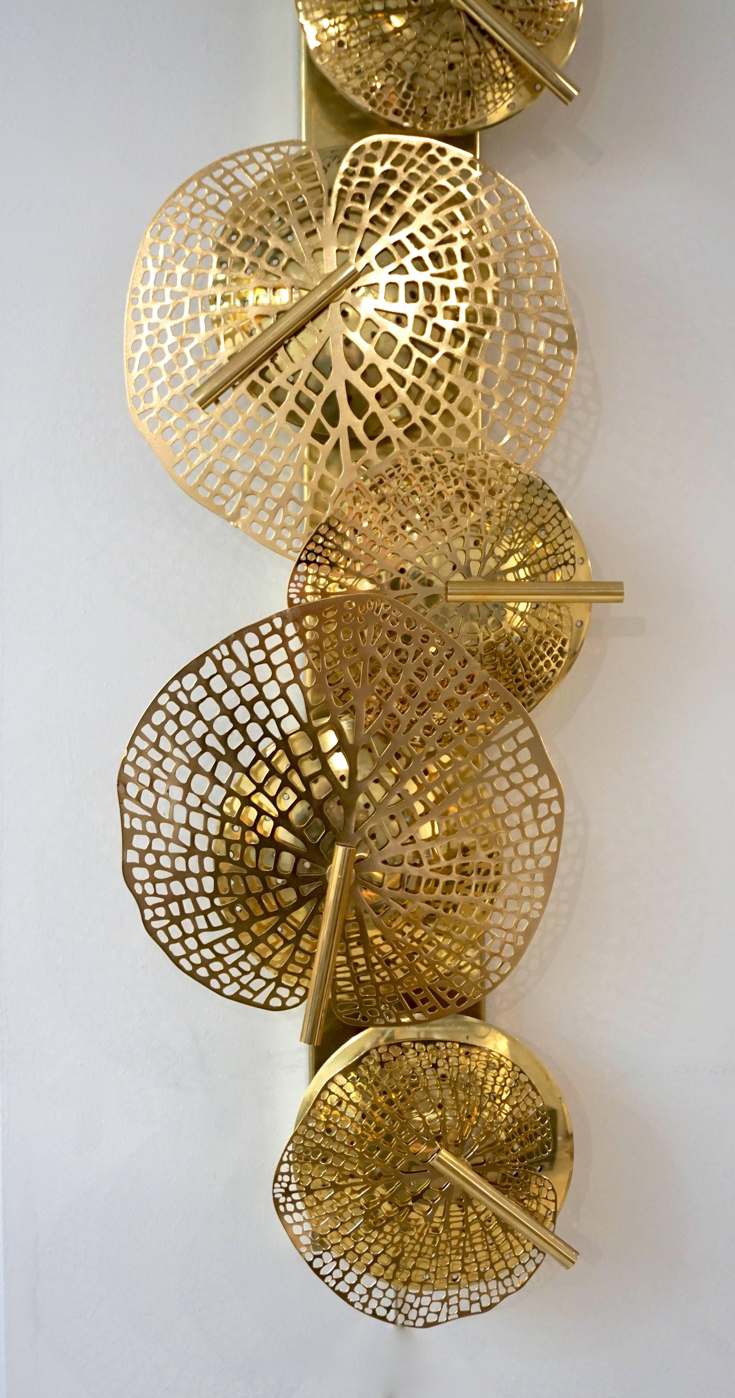 Contemporary Organic Italian Design Pair of Perforated Brass Leaf Sconces In Excellent Condition In New York, NY