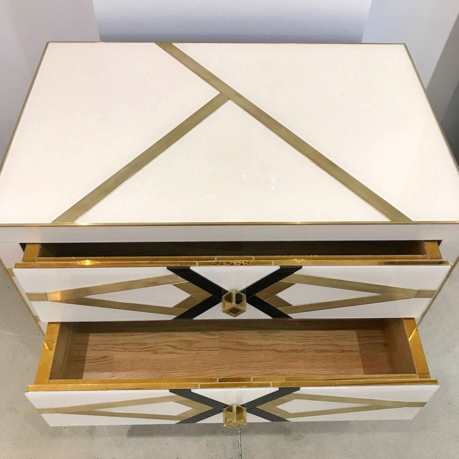 Italian Bespoke Cosulich Creation Pair Gold Brass Black & White Side Tables/Nightstands