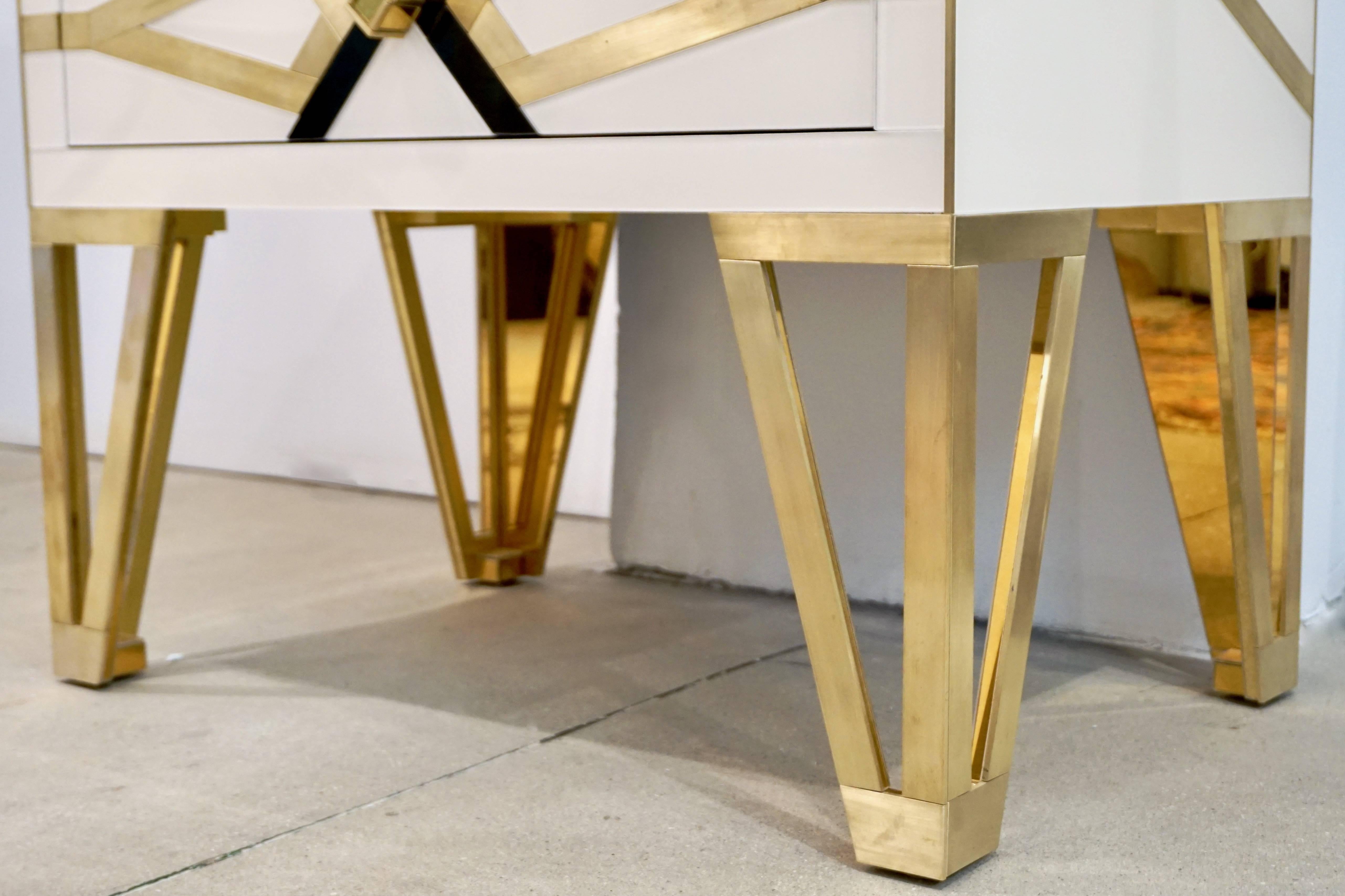 Bespoke Cosulich Creation Pair Gold Brass Black & White Side Tables/Nightstands 1