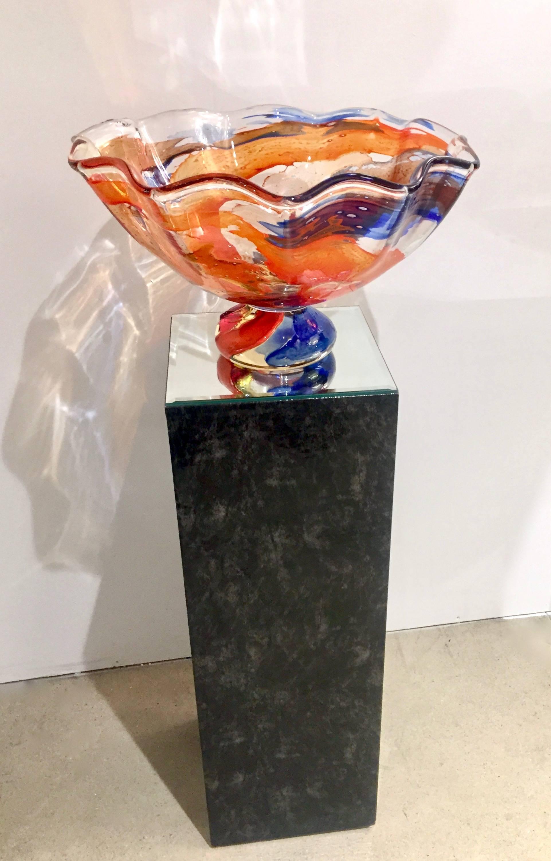 Organic Modern 1980s, Mario Badioli Orange Red Blue Murano Glass Scalloped Centerpiece/Bowl