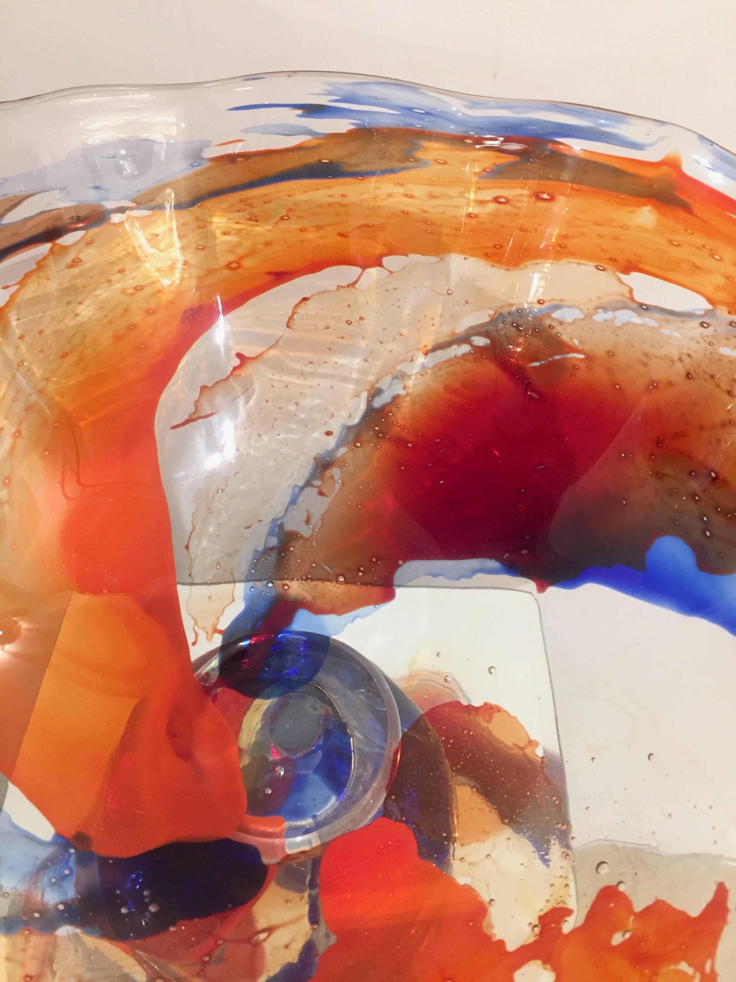 Late 20th Century 1980s, Mario Badioli Orange Red Blue Murano Glass Scalloped Centerpiece/Bowl