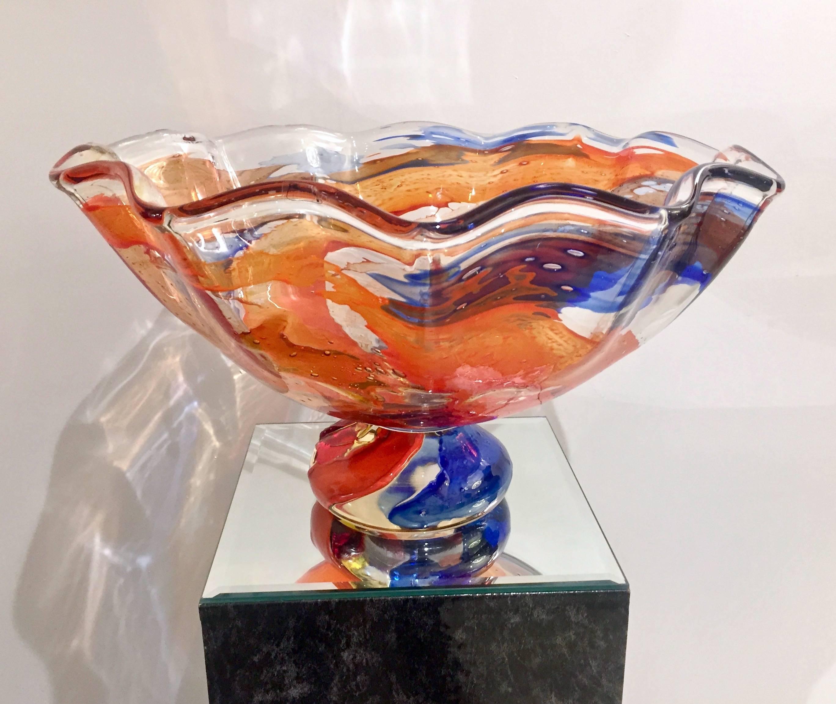 Blown Glass 1980s, Mario Badioli Orange Red Blue Murano Glass Scalloped Centerpiece/Bowl