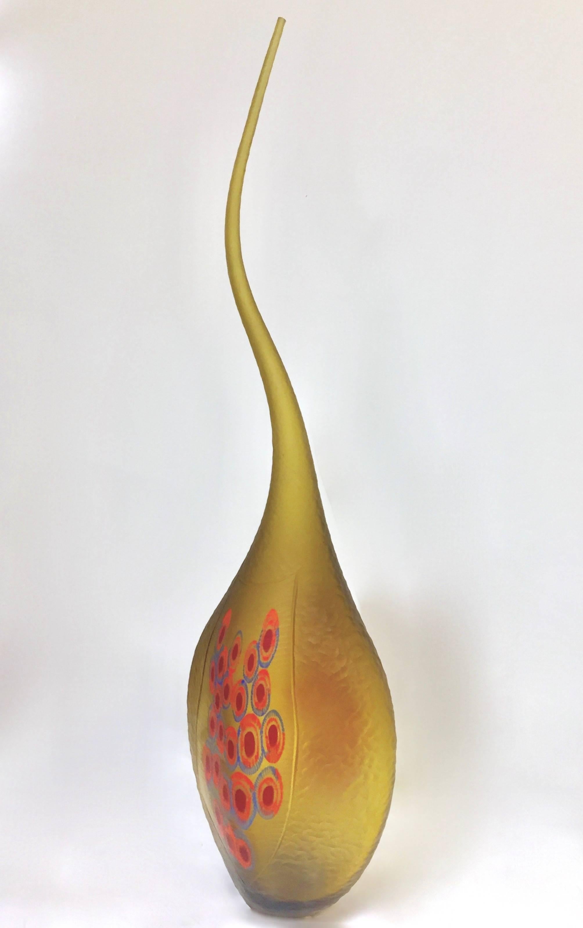 Organic Modern Dona Modern Art Glass Yellow Amber Sculpture Vase with Red and Blue Murrine