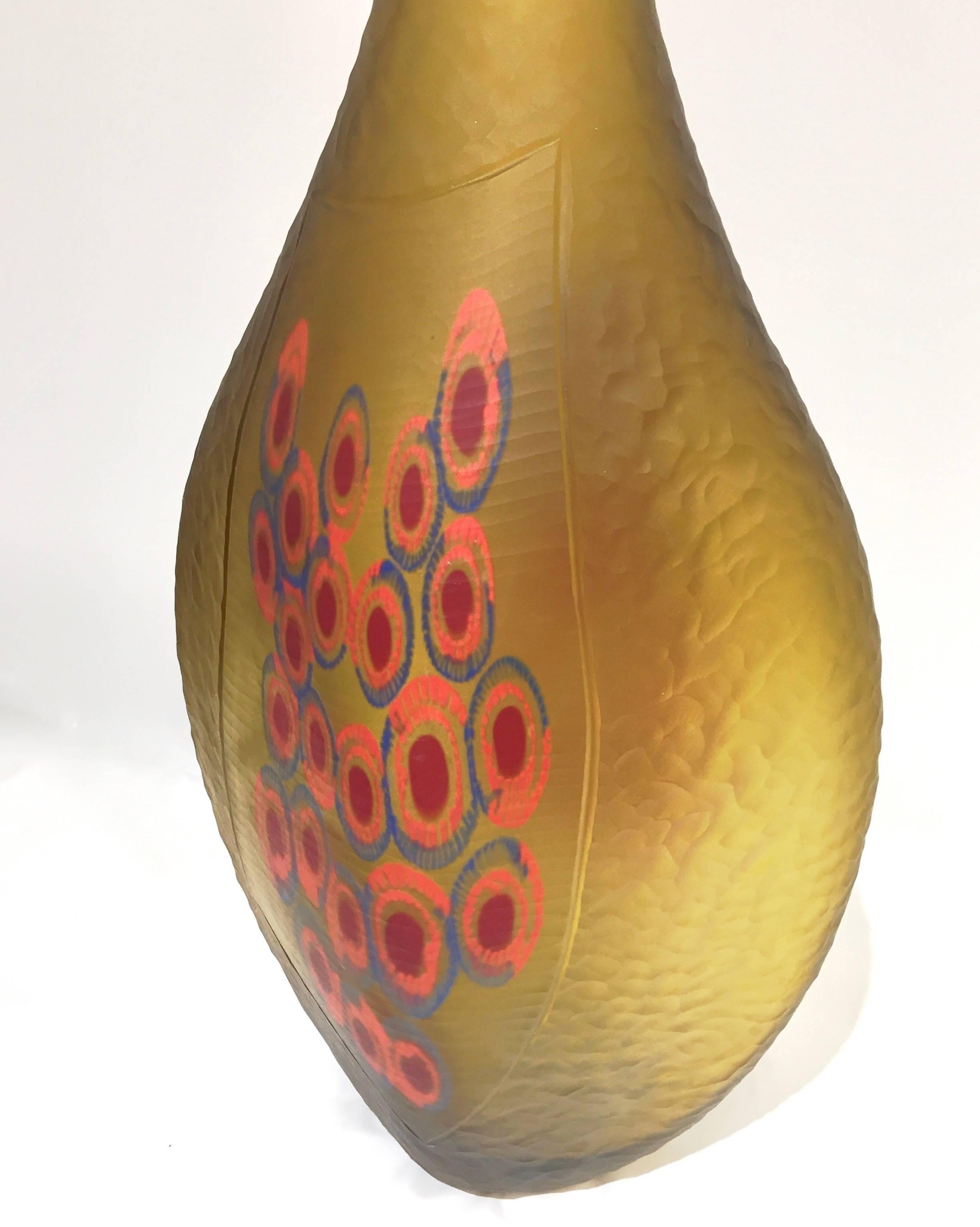 Italian Dona Modern Art Glass Yellow Amber Sculpture Vase with Red and Blue Murrine