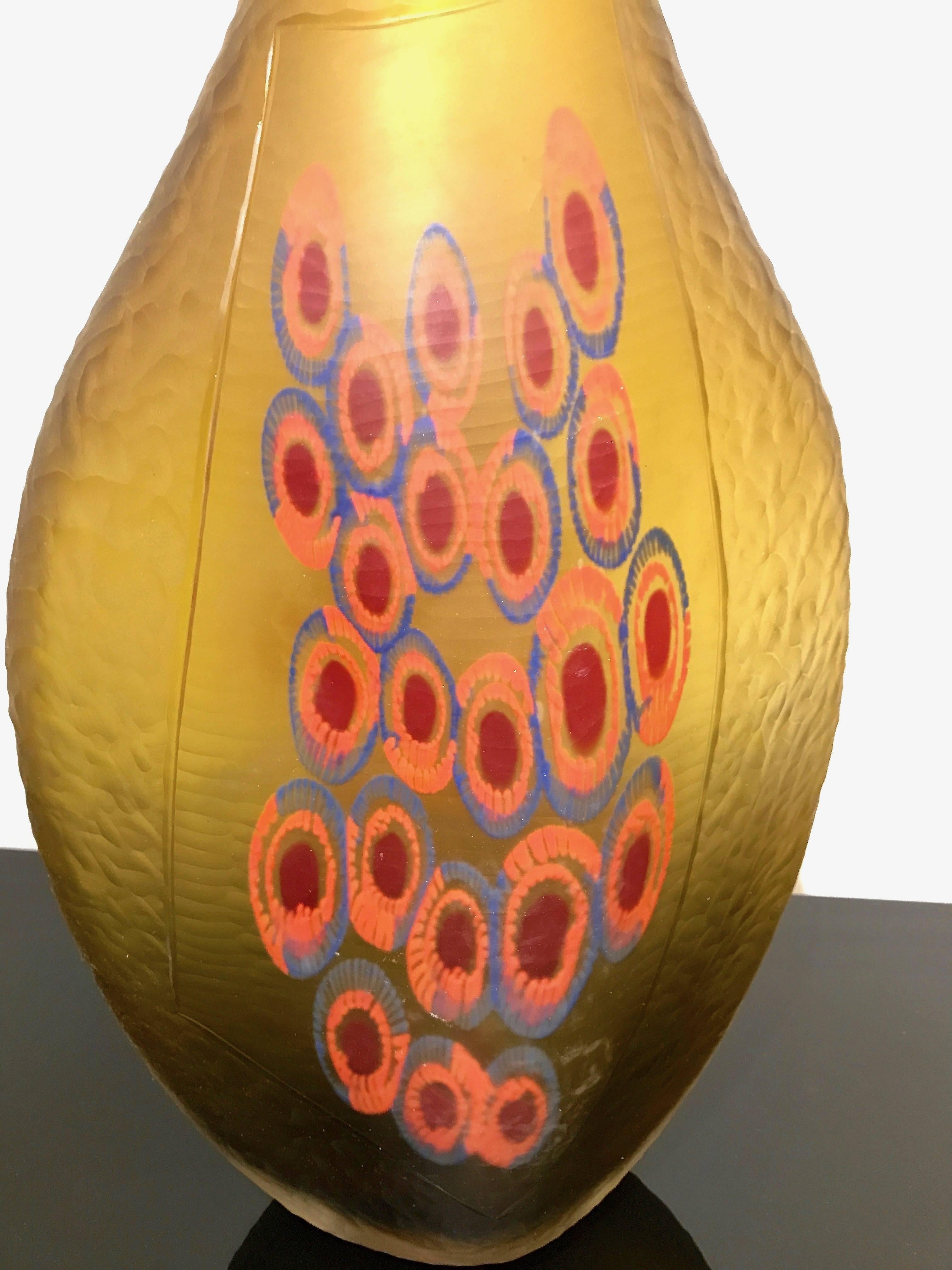 Hand-Crafted Dona Modern Art Glass Yellow Amber Sculpture Vase with Red and Blue Murrine