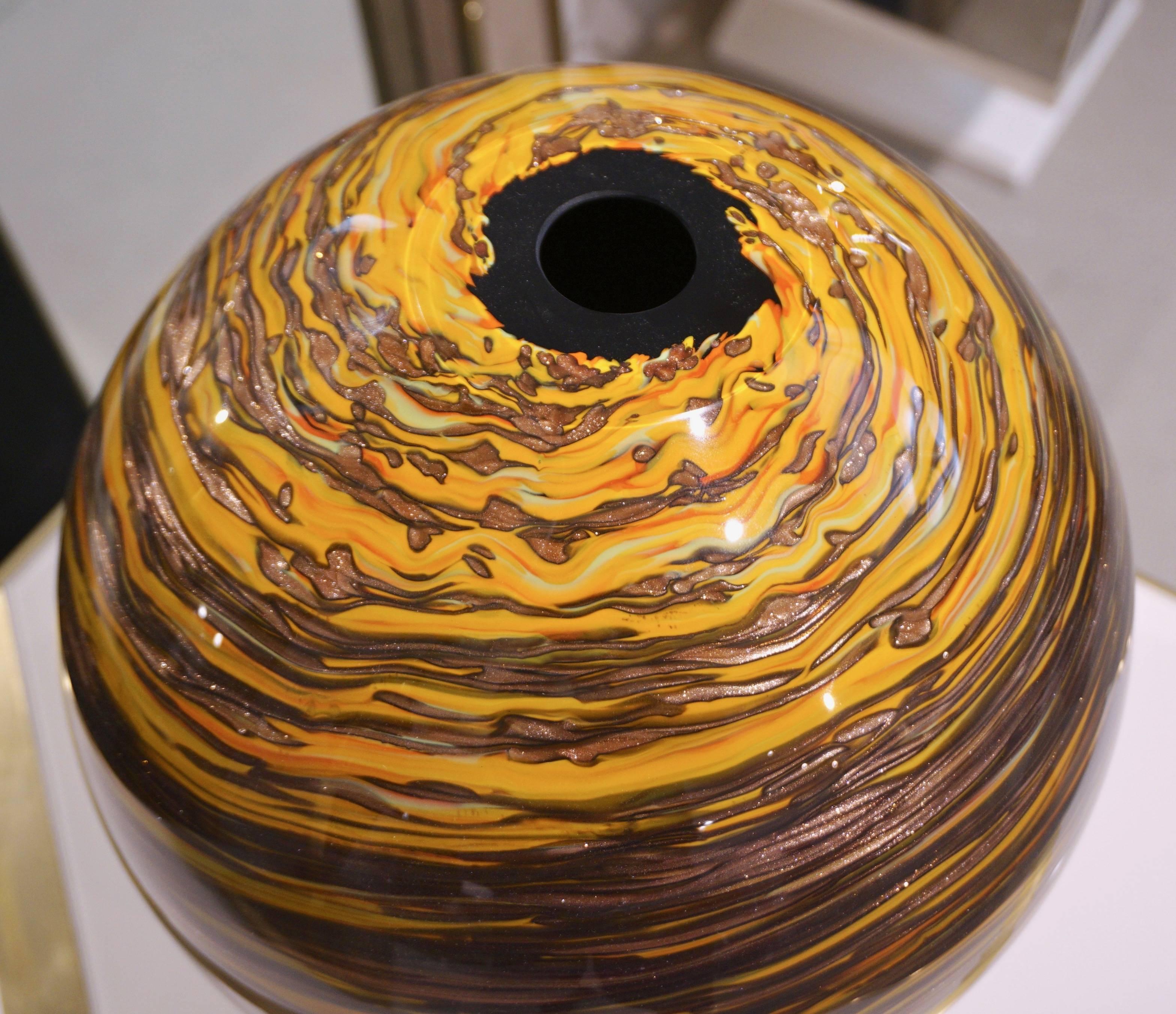 Late 20th Century Formia 1980s Modern Set of Three Brown Yellow Red Orange Gold Murano Glass Vases